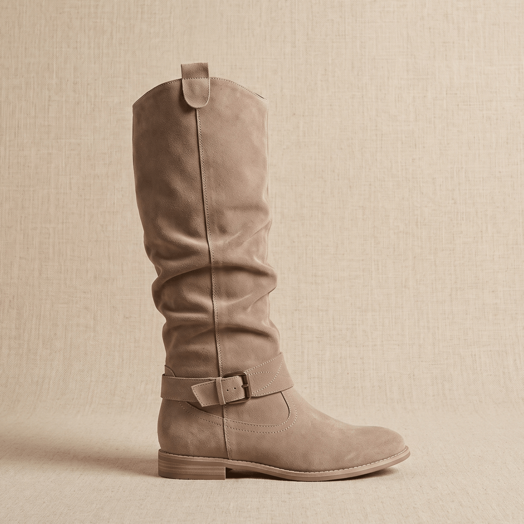 Aria Slouch-Shaft Knee-High Boots – Flat-Heel Adjustable-Strap Lined Footwear