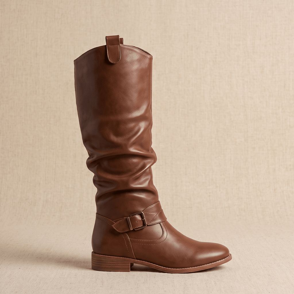 Aria Slouch-Shaft Knee-High Boots – Flat-Heel Adjustable-Strap Lined Footwear