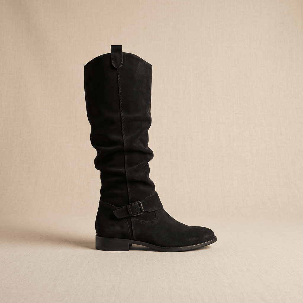 Aria Slouch-Shaft Knee-High Boots – Flat-Heel Adjustable-Strap Lined Footwear