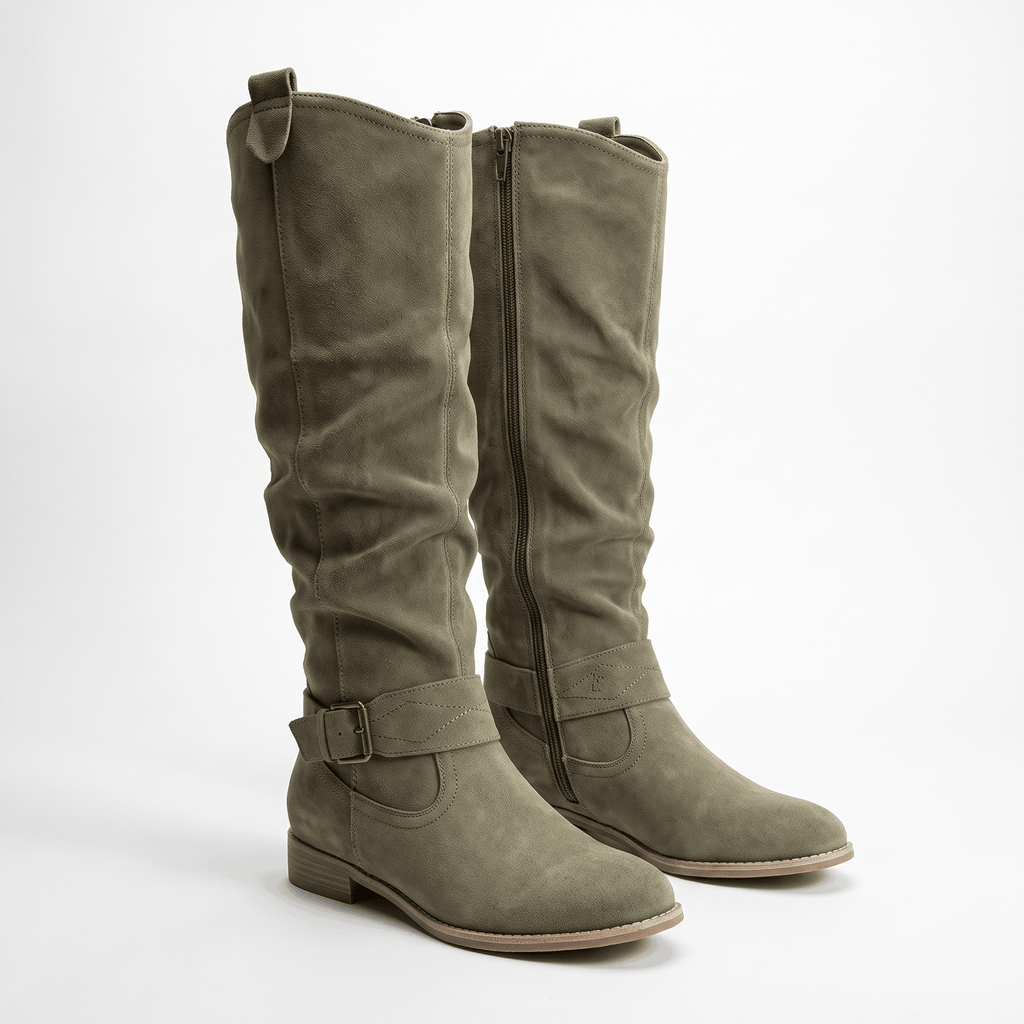 Aria Slouch-Shaft Knee-High Boots – Flat-Heel Adjustable-Strap Lined Footwear