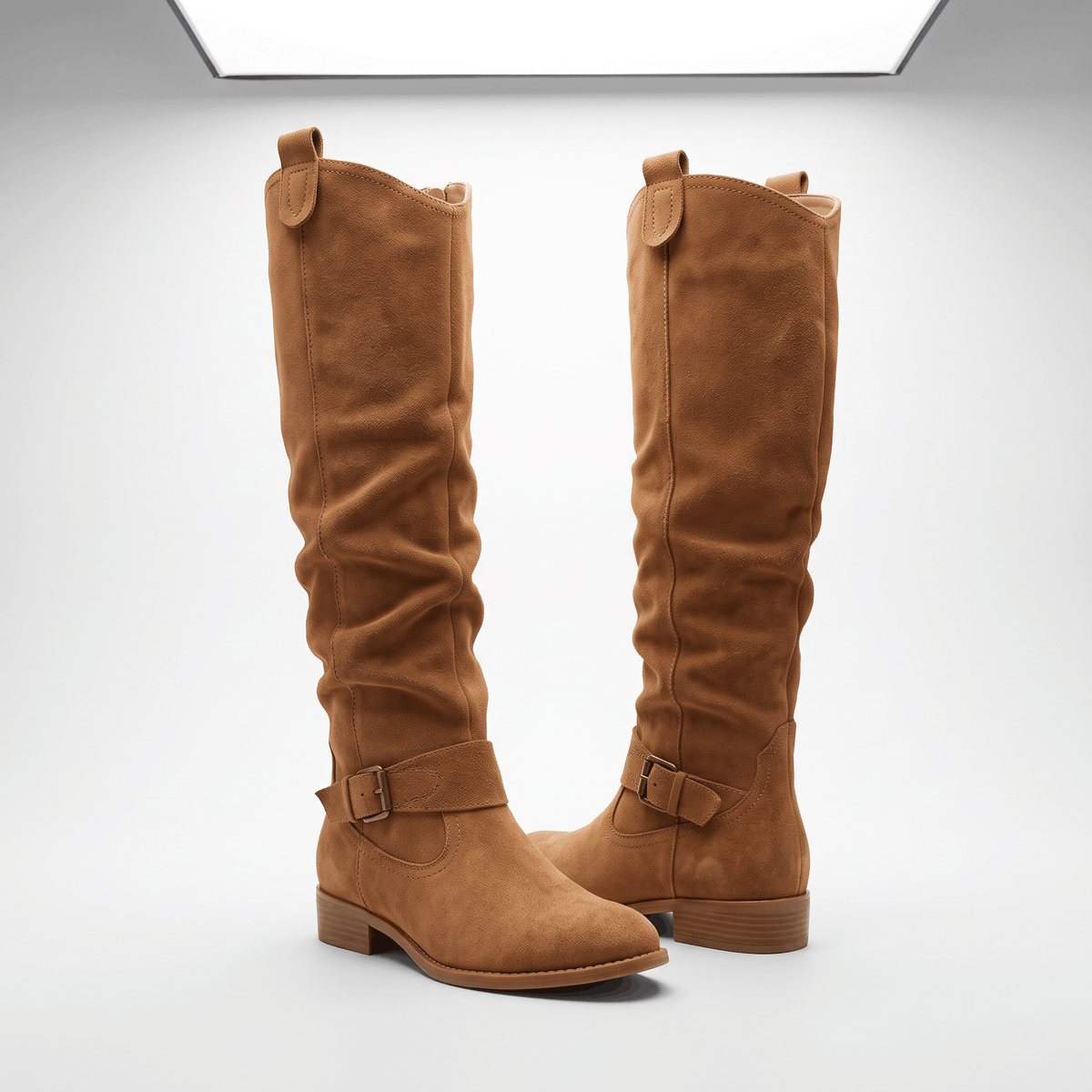 Aria Slouch-Shaft Knee-High Boots – Flat-Heel Adjustable-Strap Lined Footwear
