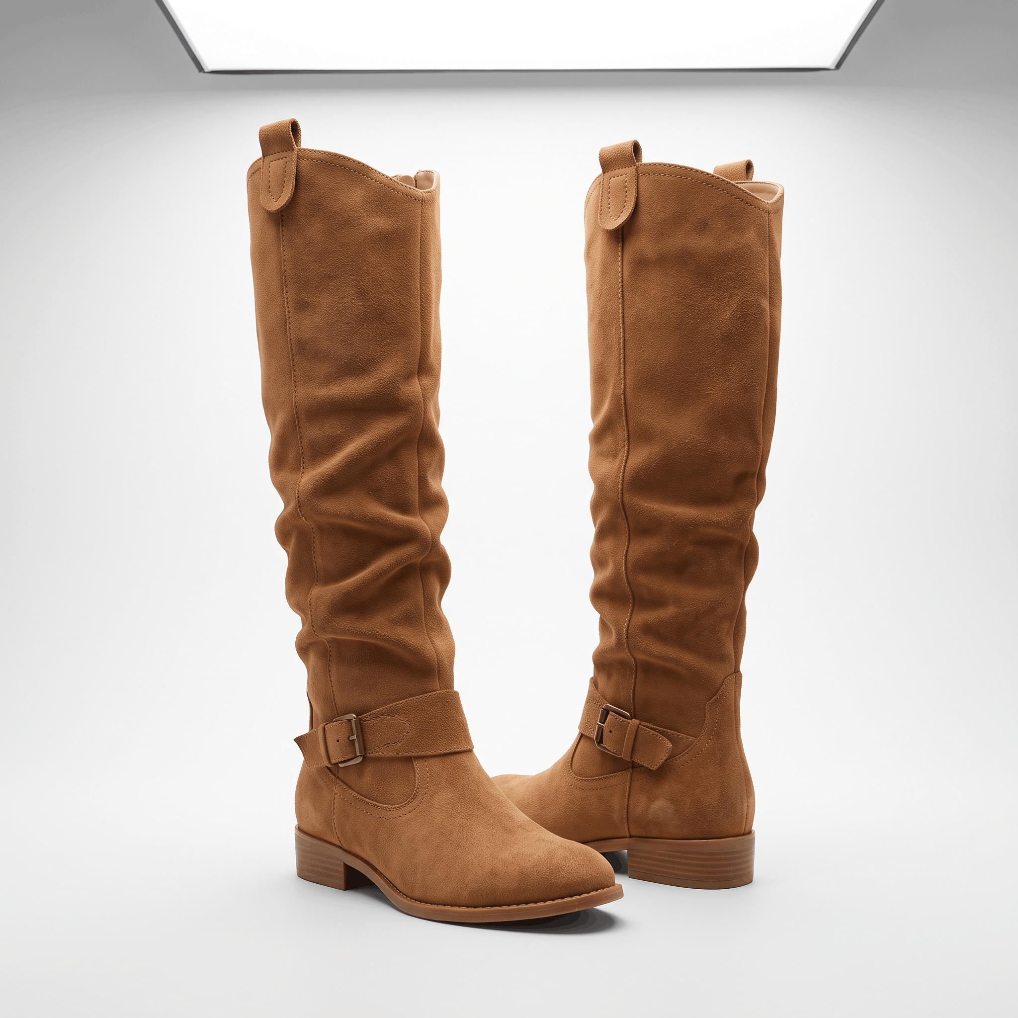 Aria Slouch-Shaft Knee-High Boots – Flat-Heel Adjustable-Strap Lined Footwear