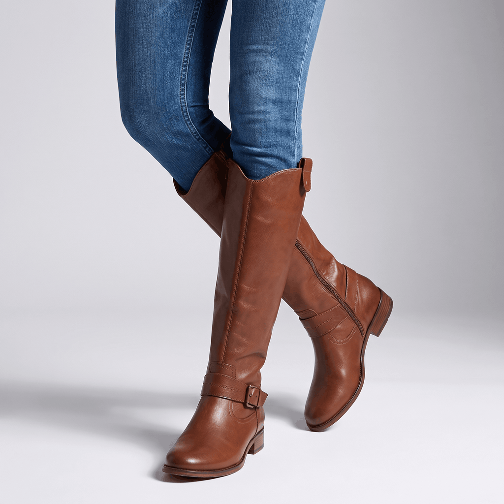 Aria Slouch-Shaft Knee-High Boots – Flat-Heel Adjustable-Strap Lined Footwear