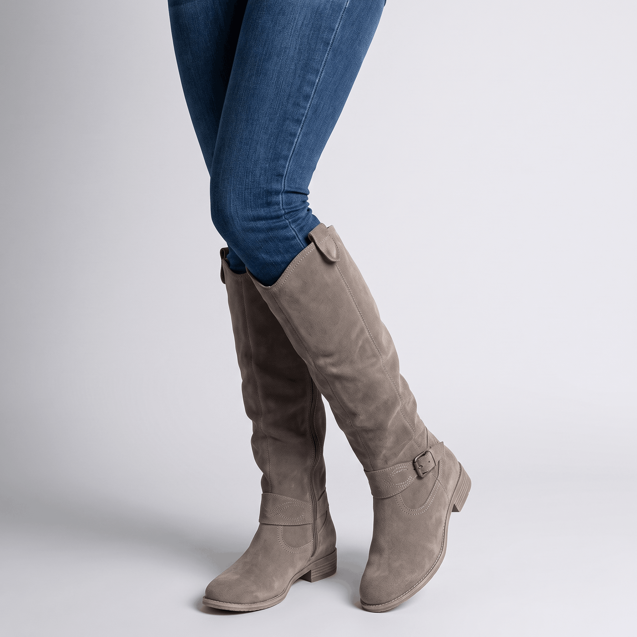 Aria Slouch-Shaft Knee-High Boots – Flat-Heel Adjustable-Strap Lined Footwear