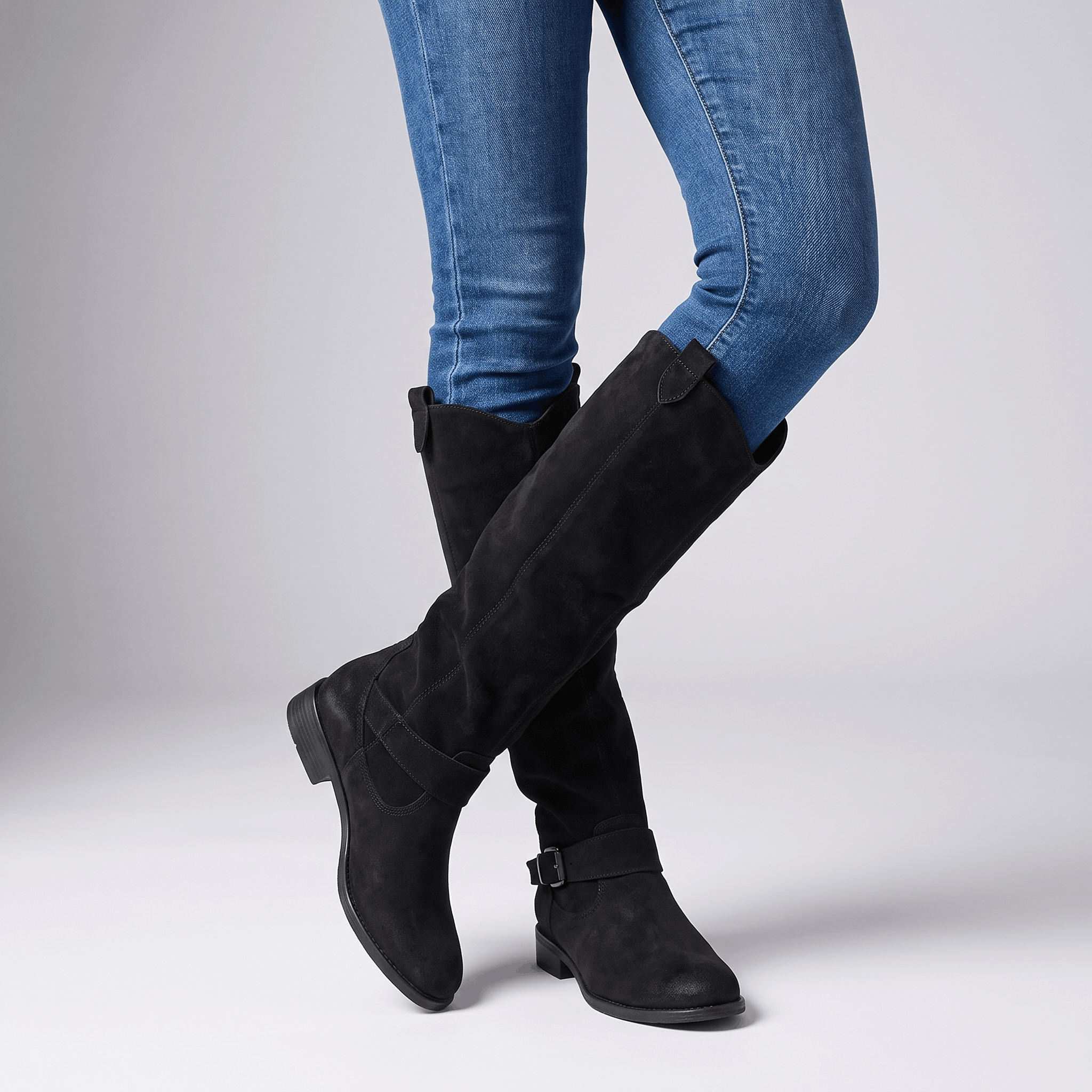 Aria Slouch-Shaft Knee-High Boots – Flat-Heel Adjustable-Strap Lined Footwear
