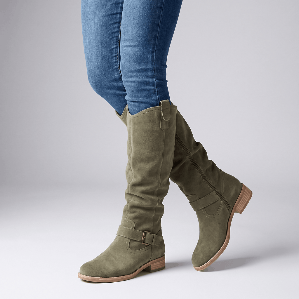 Aria Slouch-Shaft Knee-High Boots – Flat-Heel Adjustable-Strap Lined Footwear