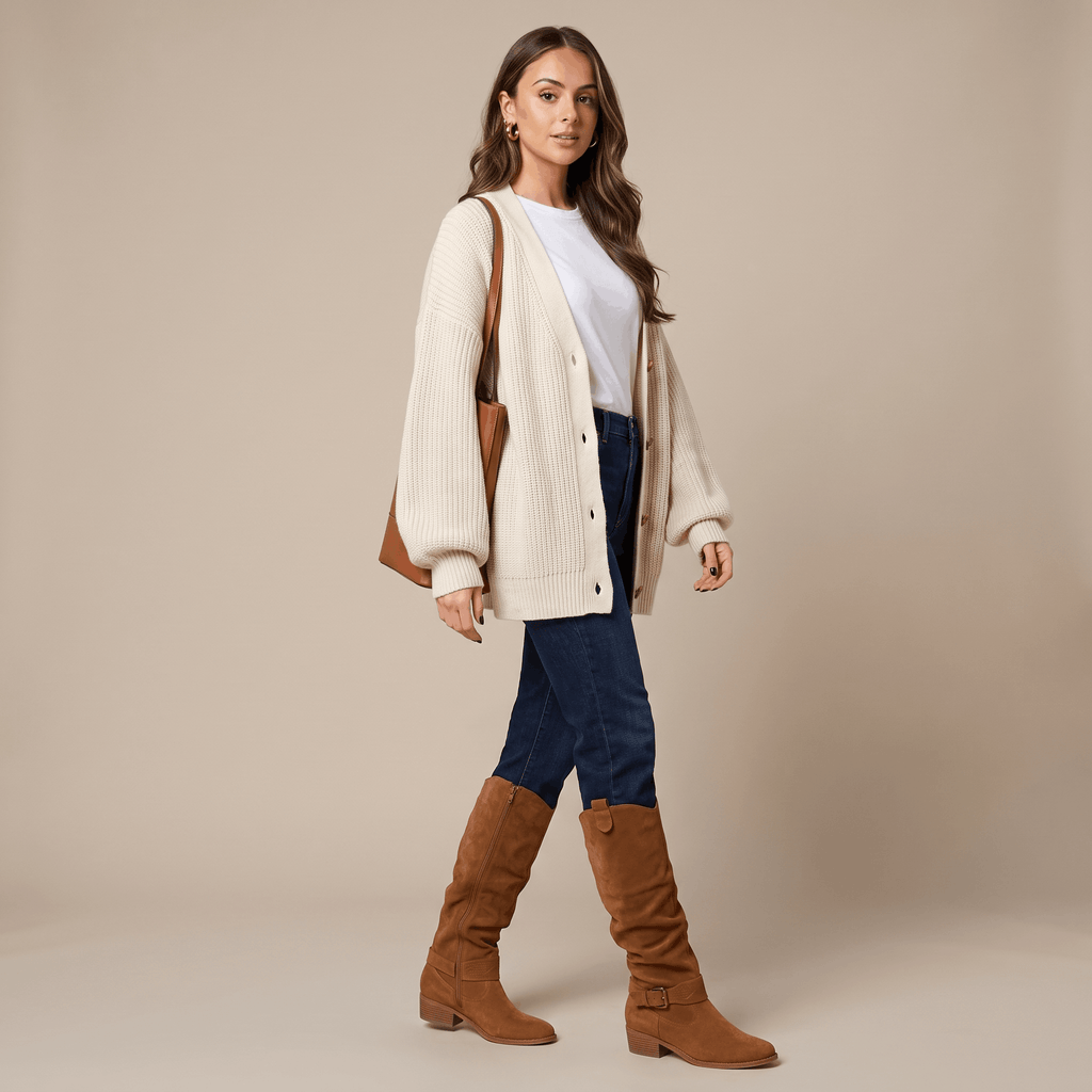Aria Slouch-Shaft Knee-High Boots – Flat-Heel Adjustable-Strap Lined Footwear