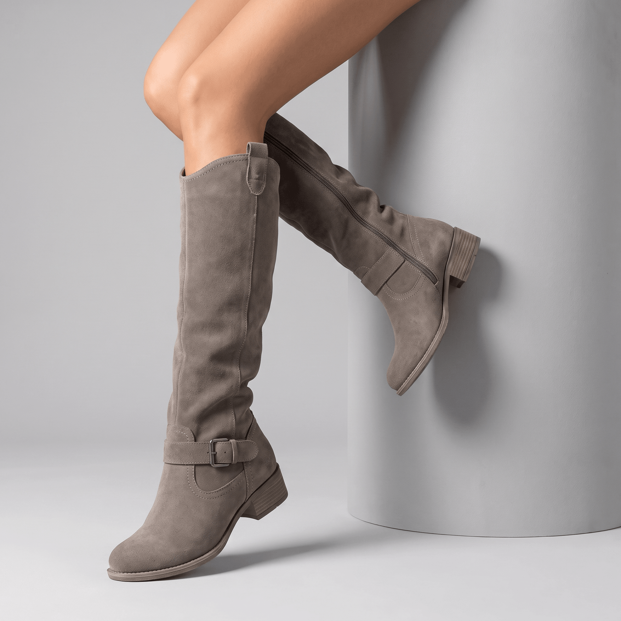 Aria Slouch-Shaft Knee-High Boots – Flat-Heel Adjustable-Strap Lined Footwear