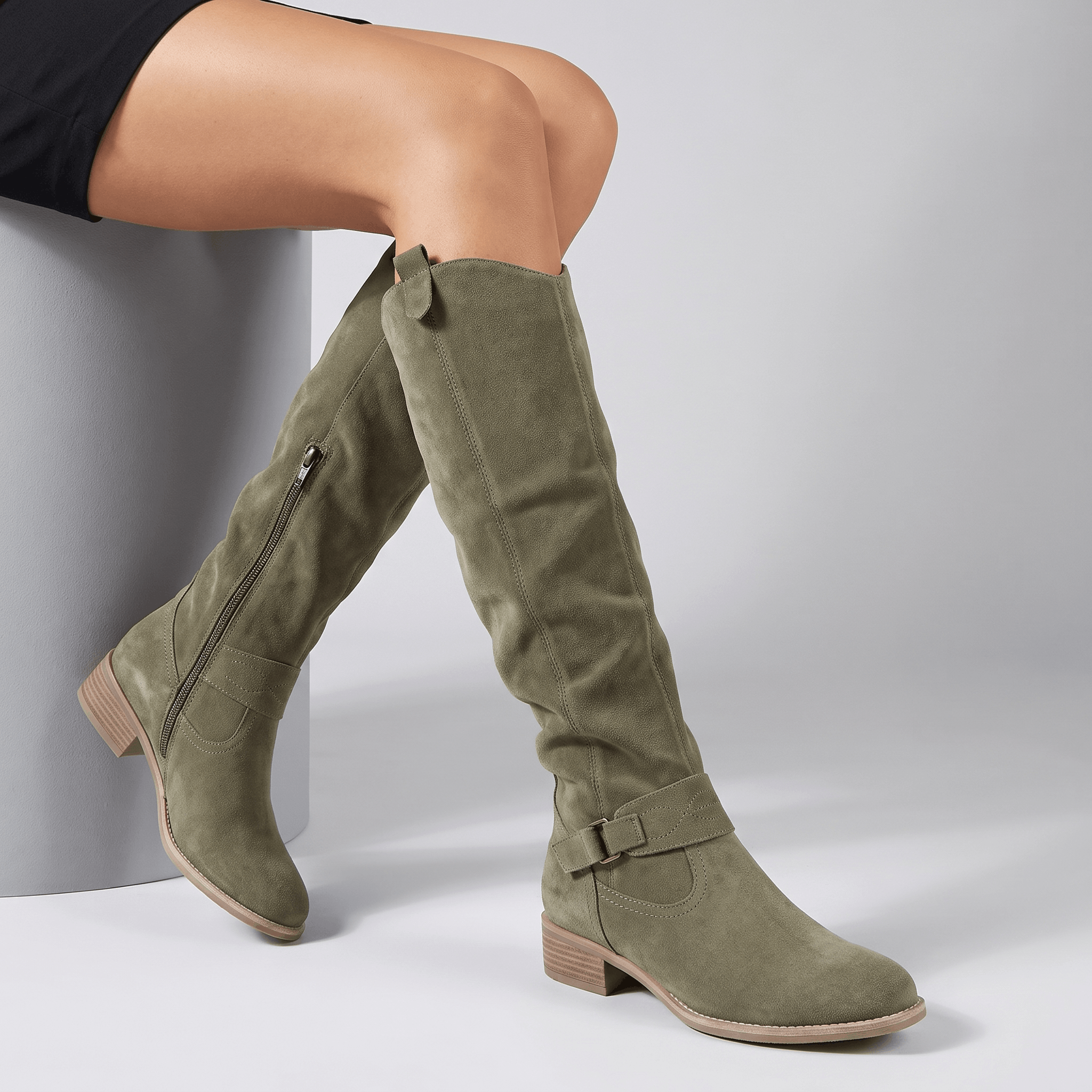 Aria Slouch-Shaft Knee-High Boots – Flat-Heel Adjustable-Strap Lined Footwear