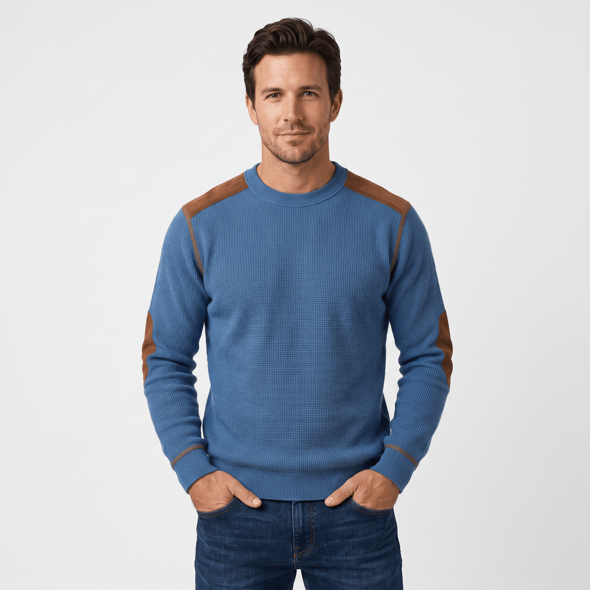 Mauro Waffle-Knit Sweater – Suede Elbow-Patch Ribbed-Trim Everyday Pullover