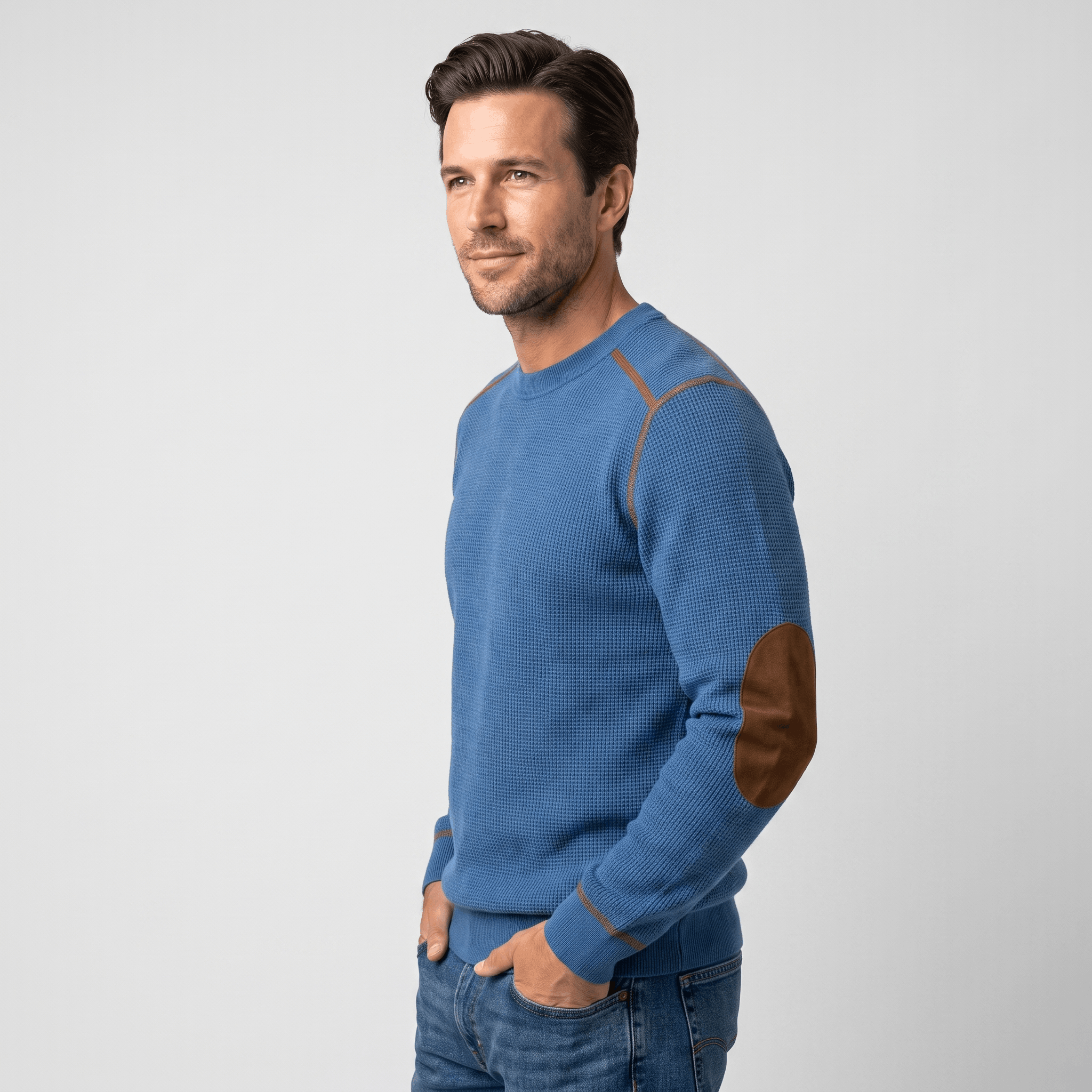 Mauro Waffle-Knit Sweater – Suede Elbow-Patch Ribbed-Trim Everyday Pullover
