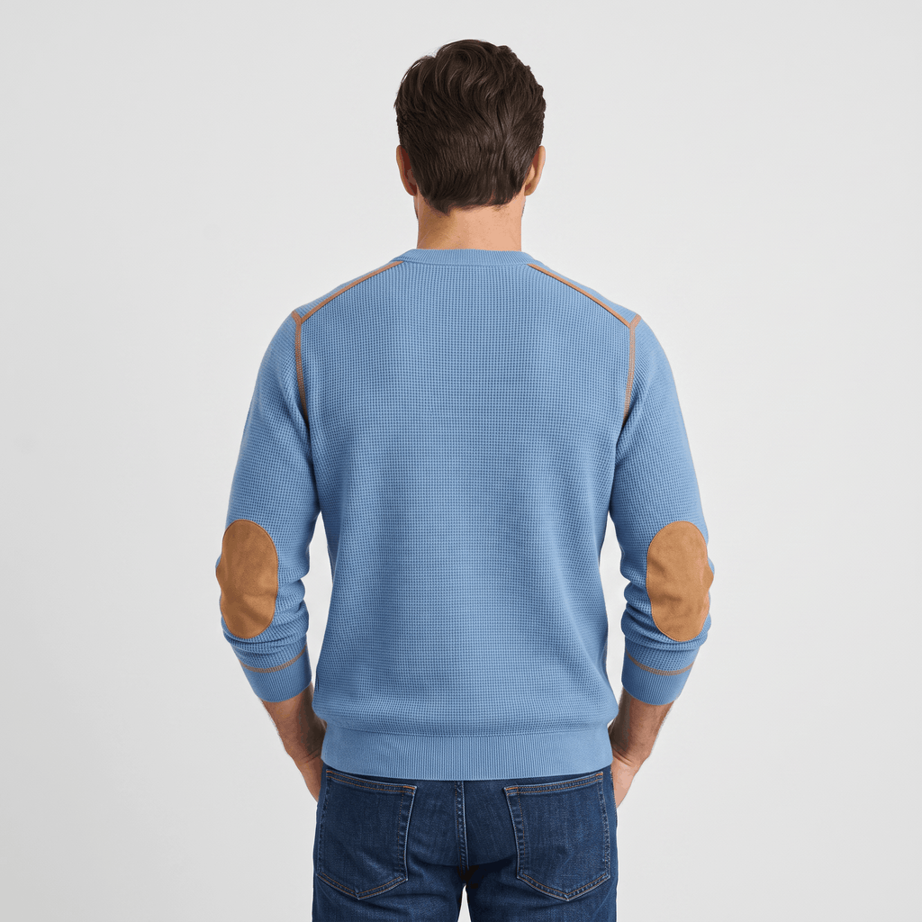 Mauro Waffle-Knit Sweater – Suede Elbow-Patch Ribbed-Trim Everyday Pullover