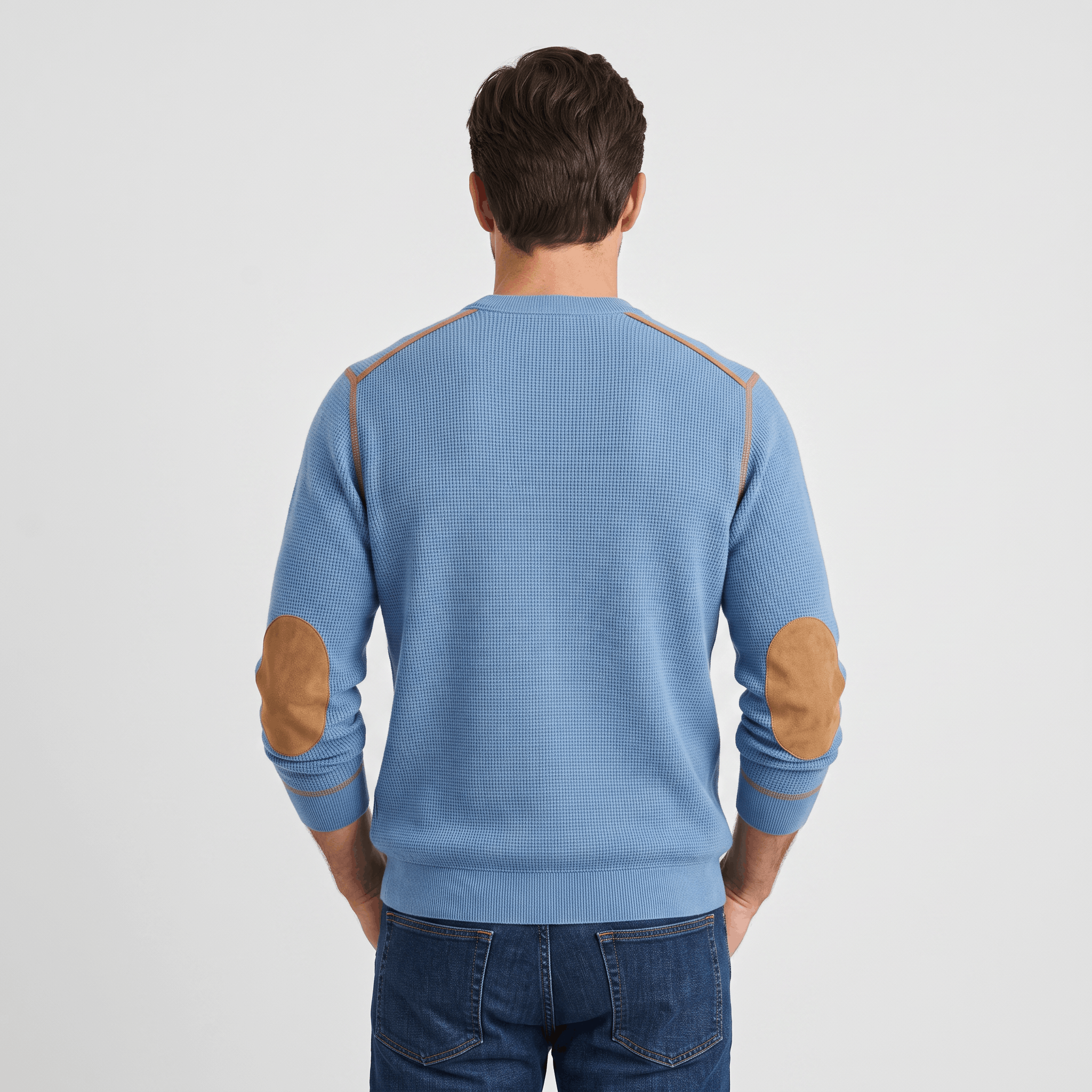 Mauro Waffle-Knit Sweater – Suede Elbow-Patch Ribbed-Trim Everyday Pullover