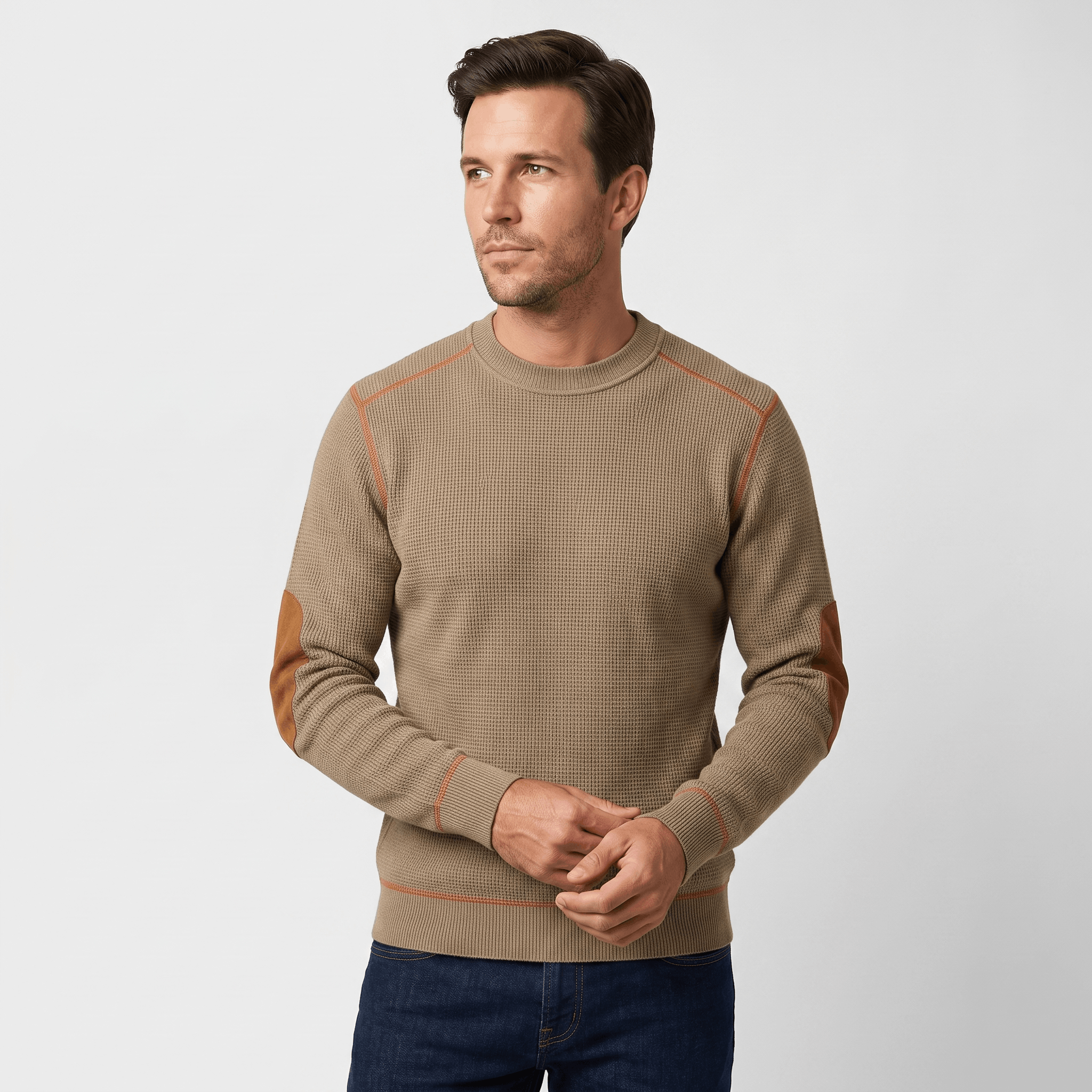 Mauro Waffle-Knit Sweater – Suede Elbow-Patch Ribbed-Trim Everyday Pullover