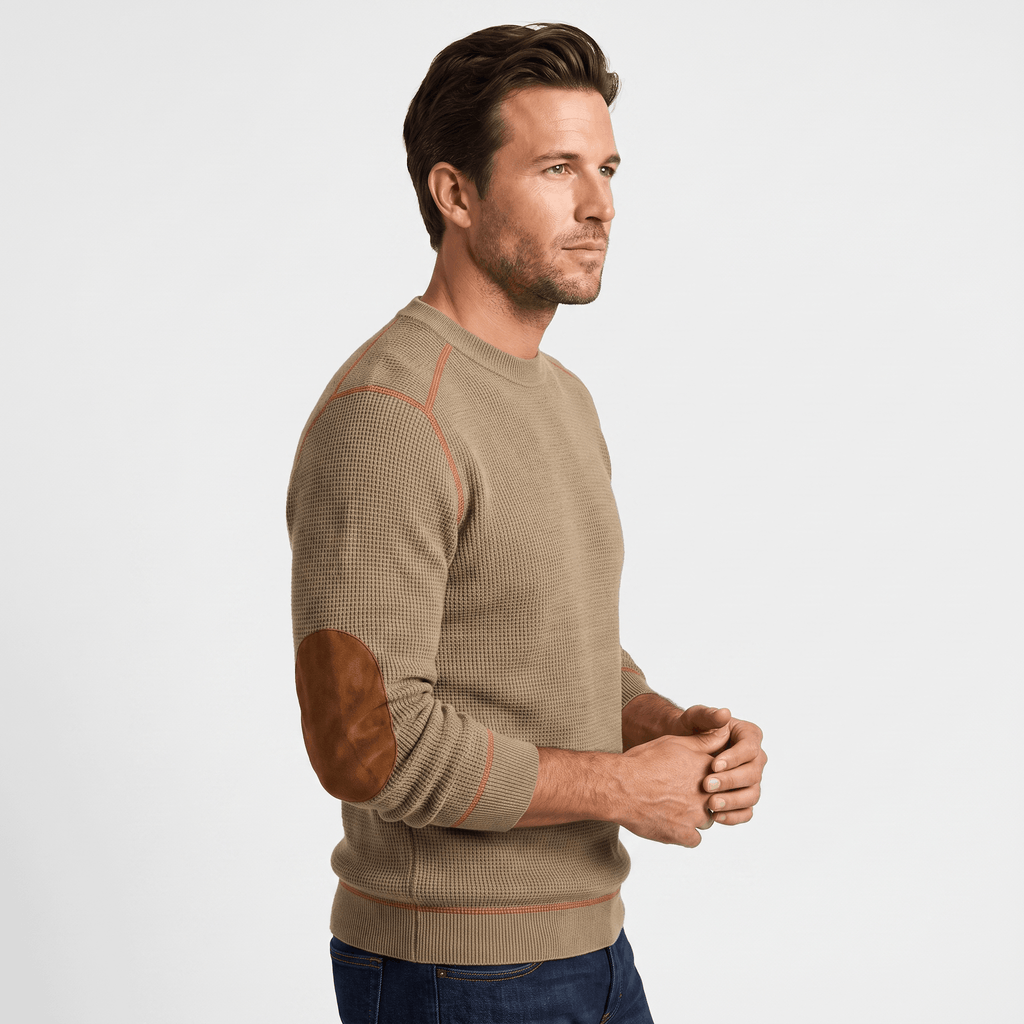 Mauro Waffle-Knit Sweater – Suede Elbow-Patch Ribbed-Trim Everyday Pullover