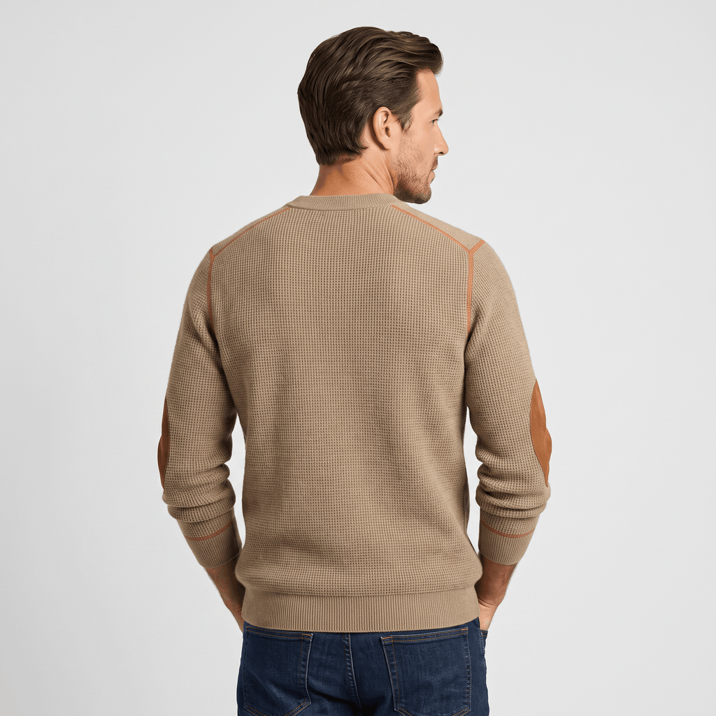 Mauro Waffle-Knit Sweater – Suede Elbow-Patch Ribbed-Trim Everyday Pullover