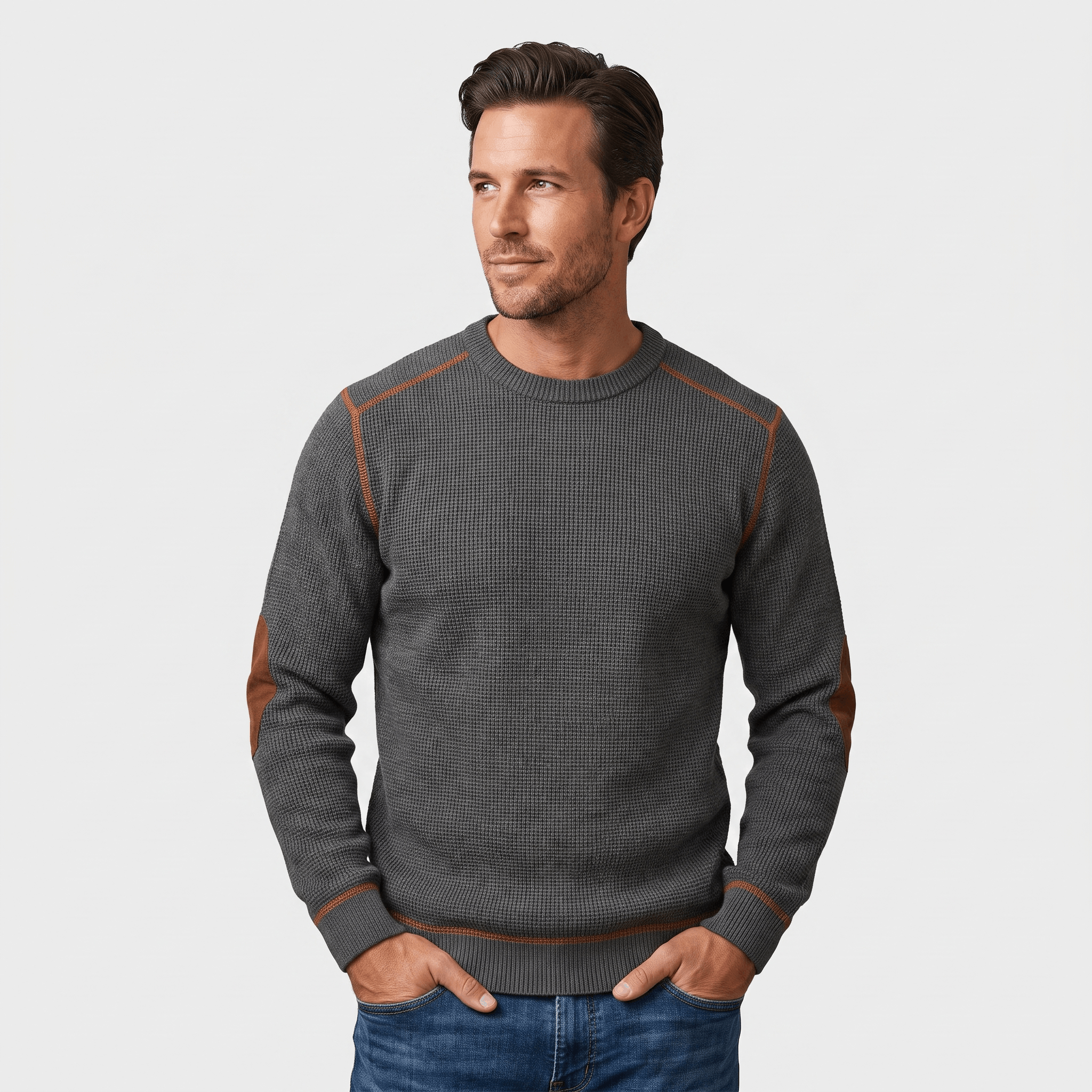 Mauro Waffle-Knit Sweater – Suede Elbow-Patch Ribbed-Trim Everyday Pullover