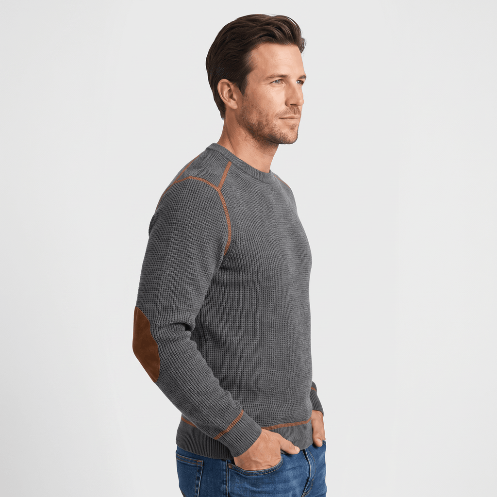 Mauro Waffle-Knit Sweater – Suede Elbow-Patch Ribbed-Trim Everyday Pullover