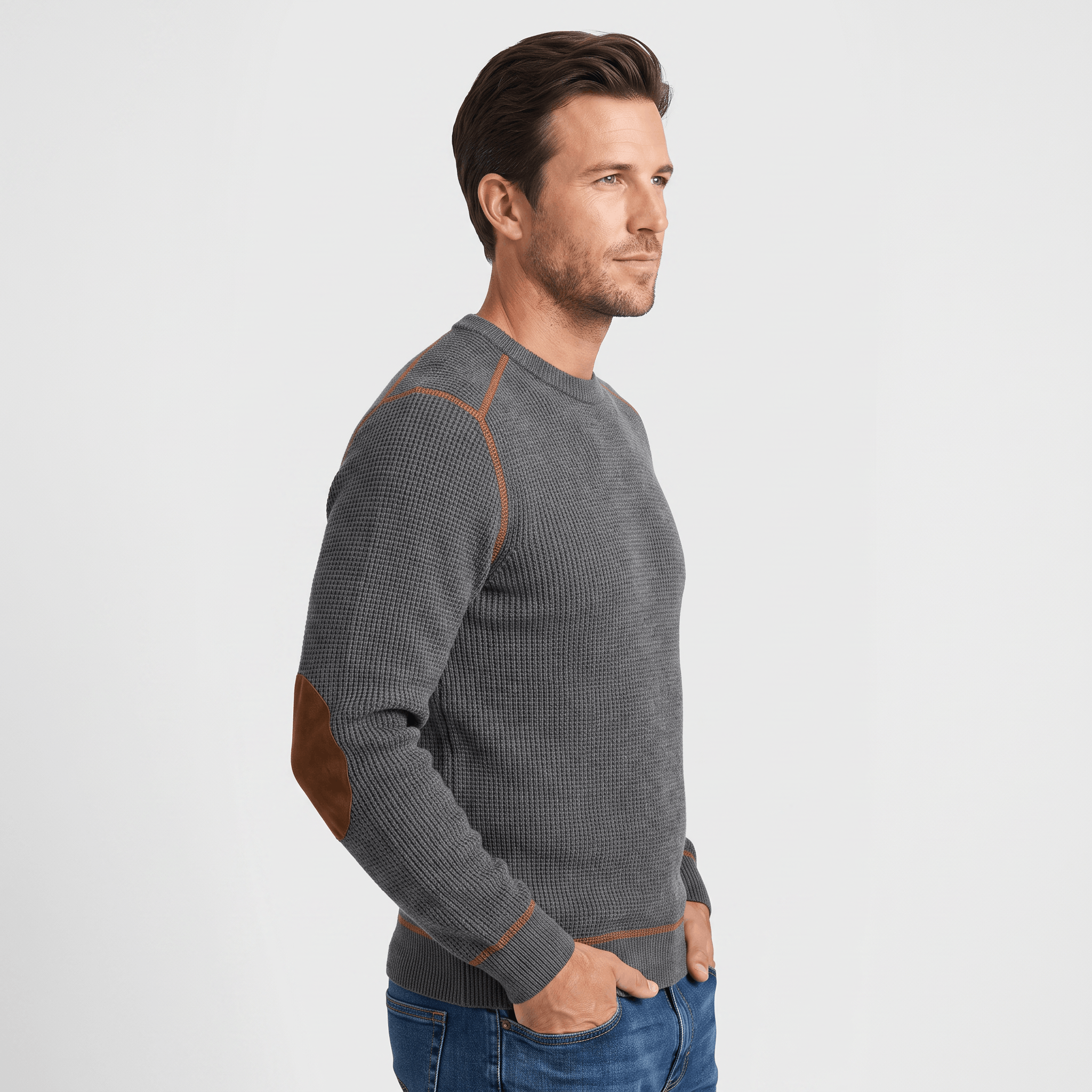 Mauro Waffle-Knit Sweater – Suede Elbow-Patch Ribbed-Trim Everyday Pullover