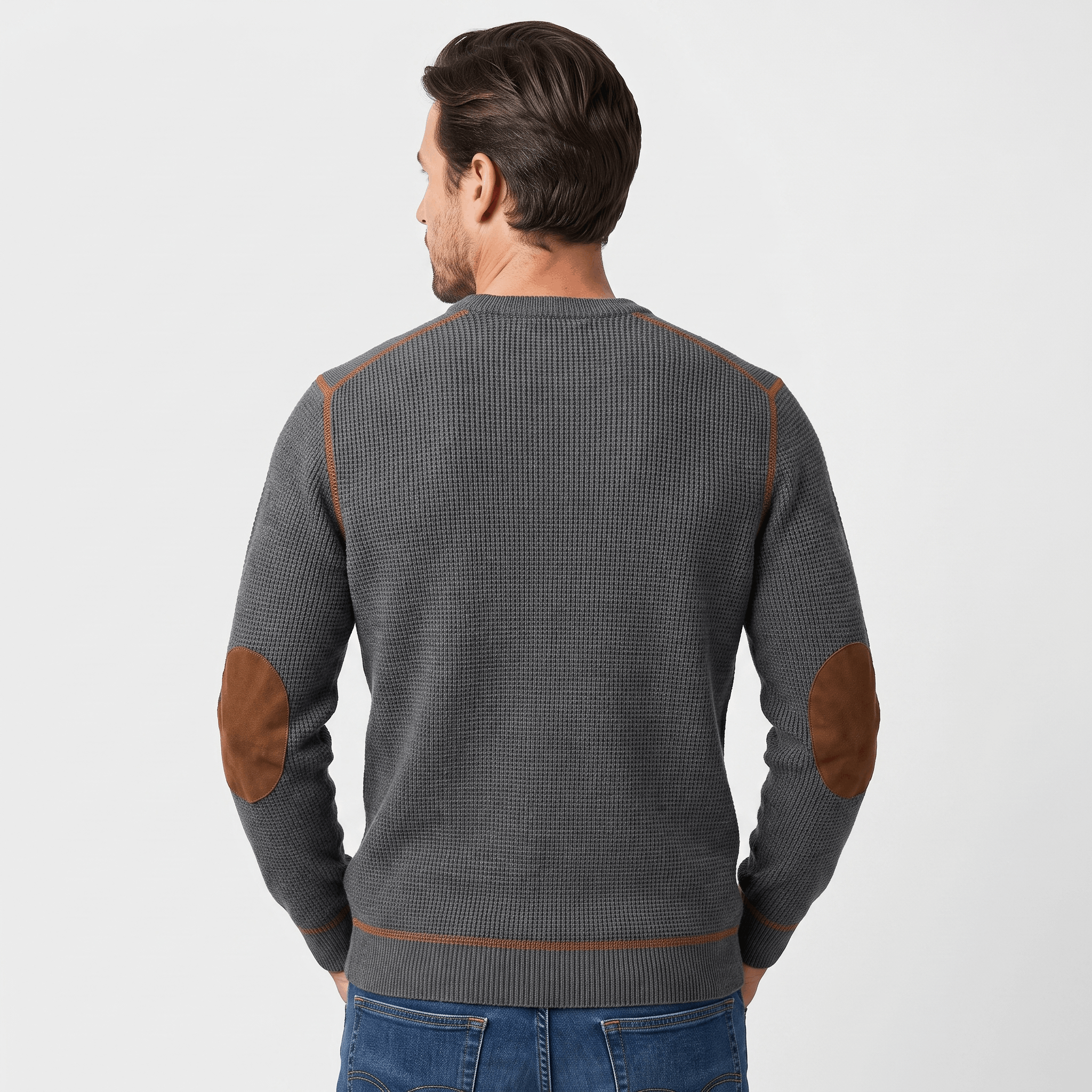 Mauro Waffle-Knit Sweater – Suede Elbow-Patch Ribbed-Trim Everyday Pullover