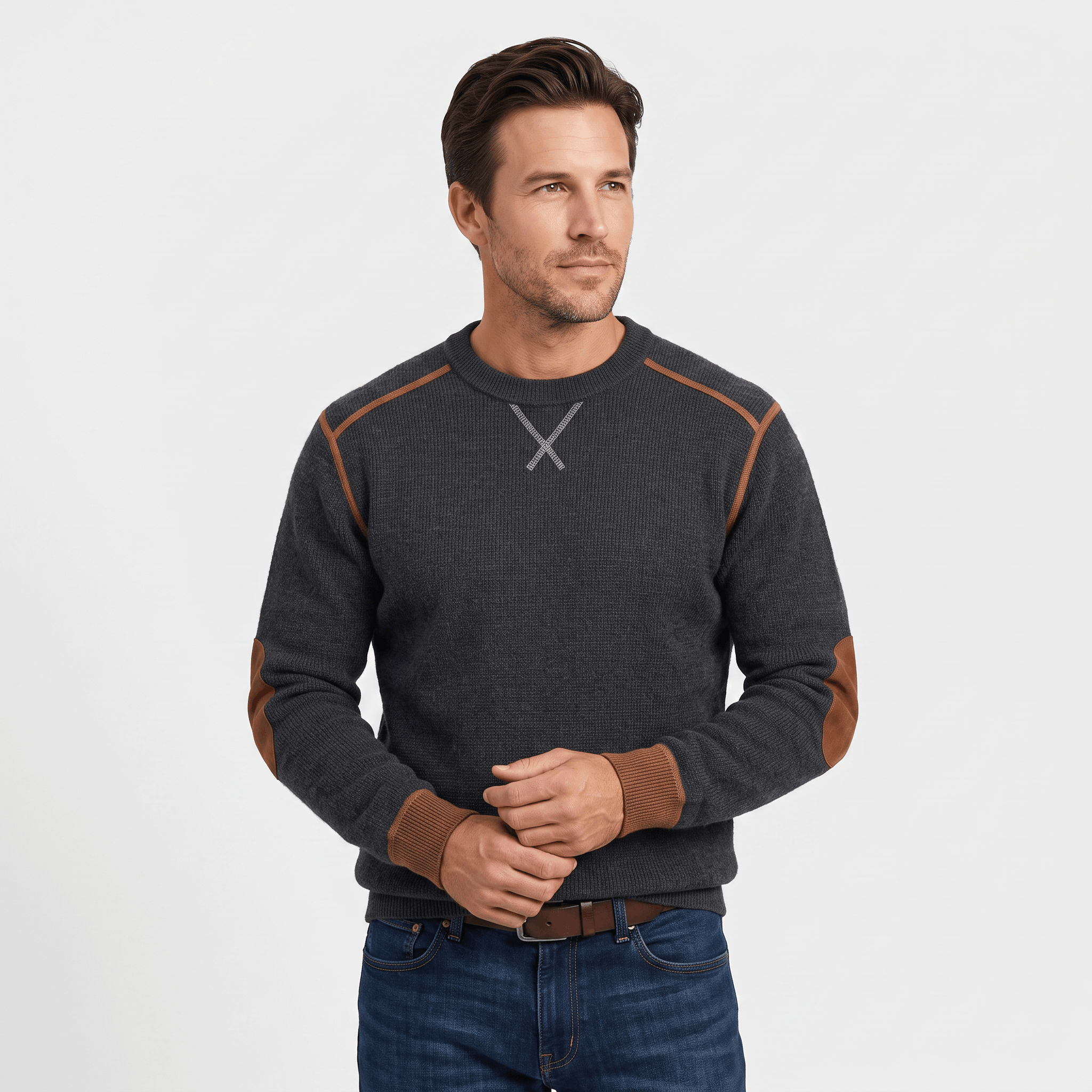 Mauro Waffle-Knit Sweater – Suede Elbow-Patch Ribbed-Trim Everyday Pullover
