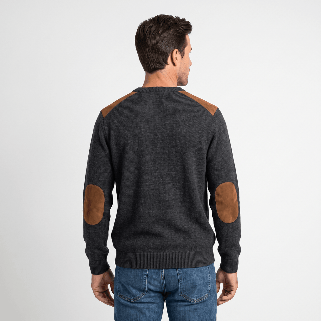 Mauro Waffle-Knit Sweater – Suede Elbow-Patch Ribbed-Trim Everyday Pullover
