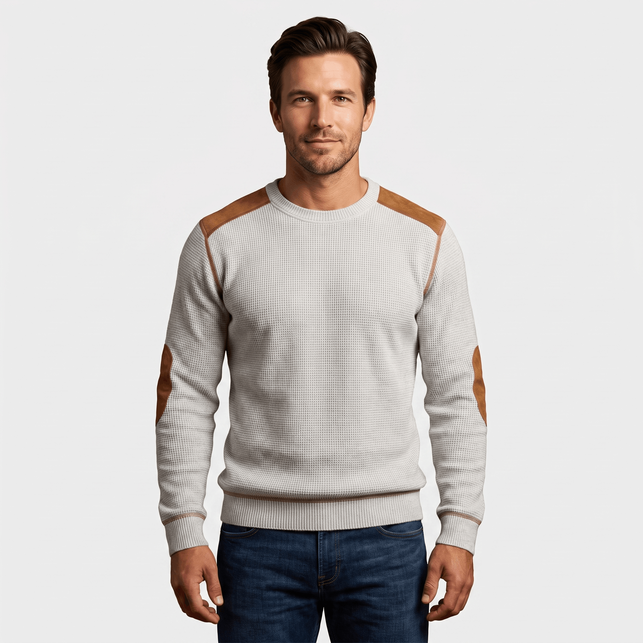 Mauro Waffle-Knit Sweater – Suede Elbow-Patch Ribbed-Trim Everyday Pullover