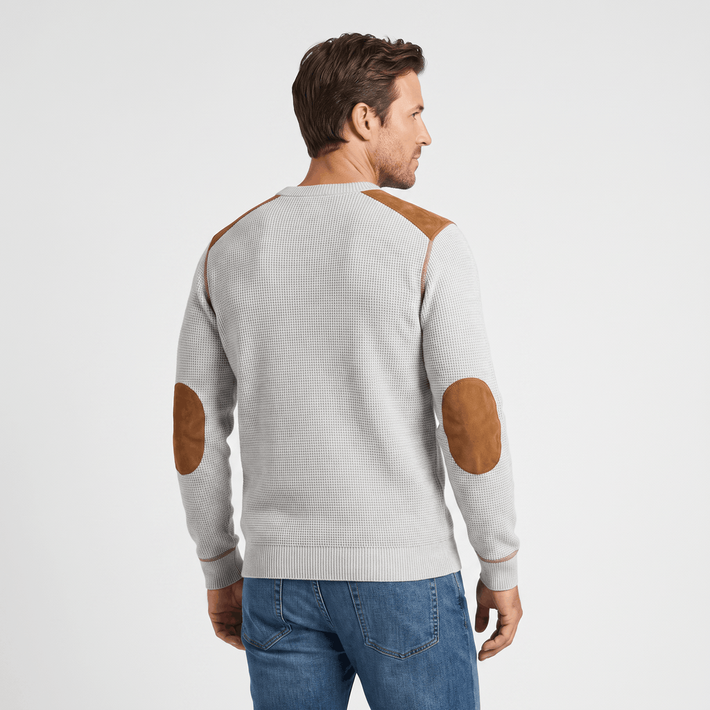 Mauro Waffle-Knit Sweater – Suede Elbow-Patch Ribbed-Trim Everyday Pullover
