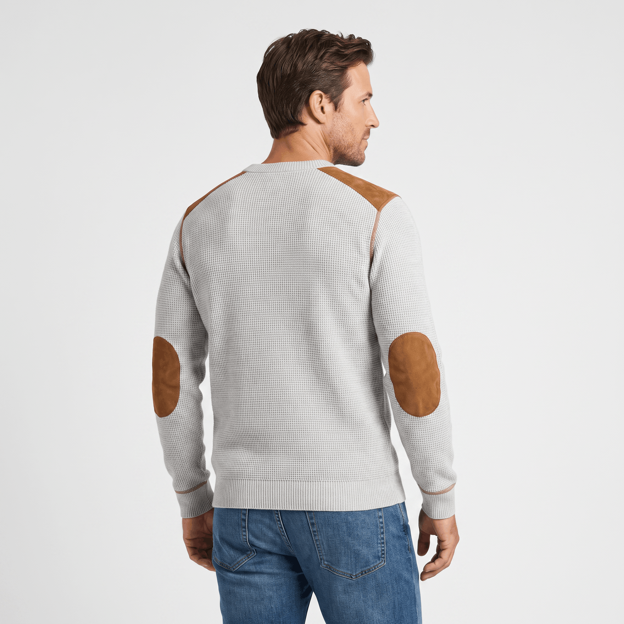 Mauro Waffle-Knit Sweater – Suede Elbow-Patch Ribbed-Trim Everyday Pullover