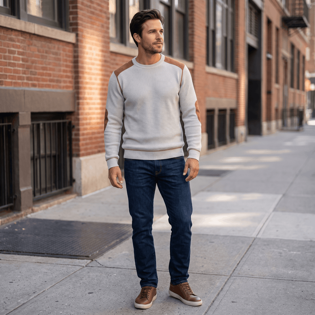 Mauro Waffle-Knit Sweater – Suede Elbow-Patch Ribbed-Trim Everyday Pullover