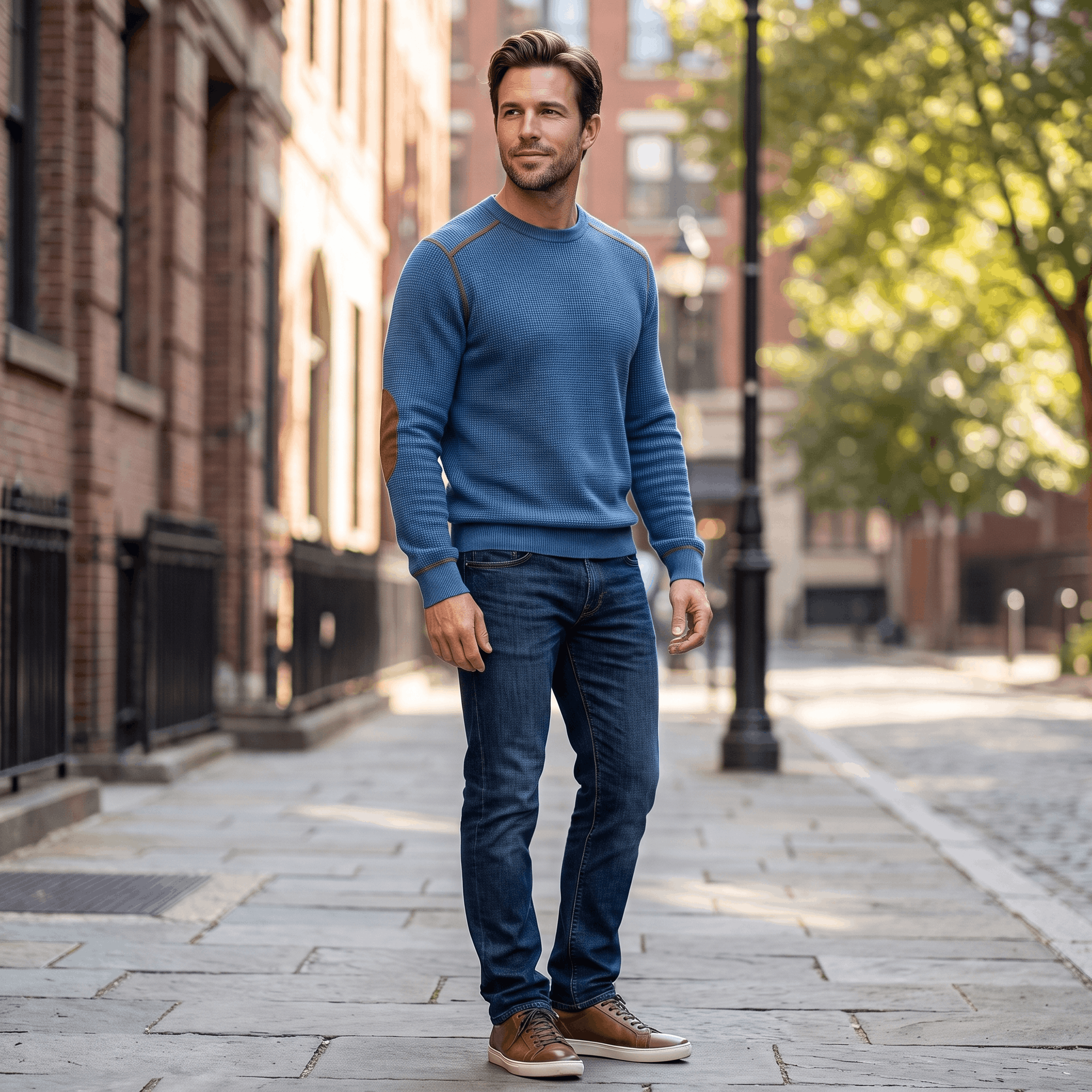 Mauro Waffle-Knit Sweater – Suede Elbow-Patch Ribbed-Trim Everyday Pullover