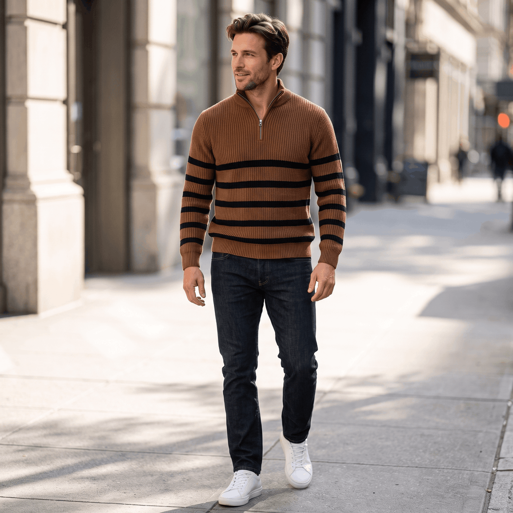 Cyrus Ribbed-Knit Half-Zip Sweater – Striped Stand-Collar Regular-Fit Pullover