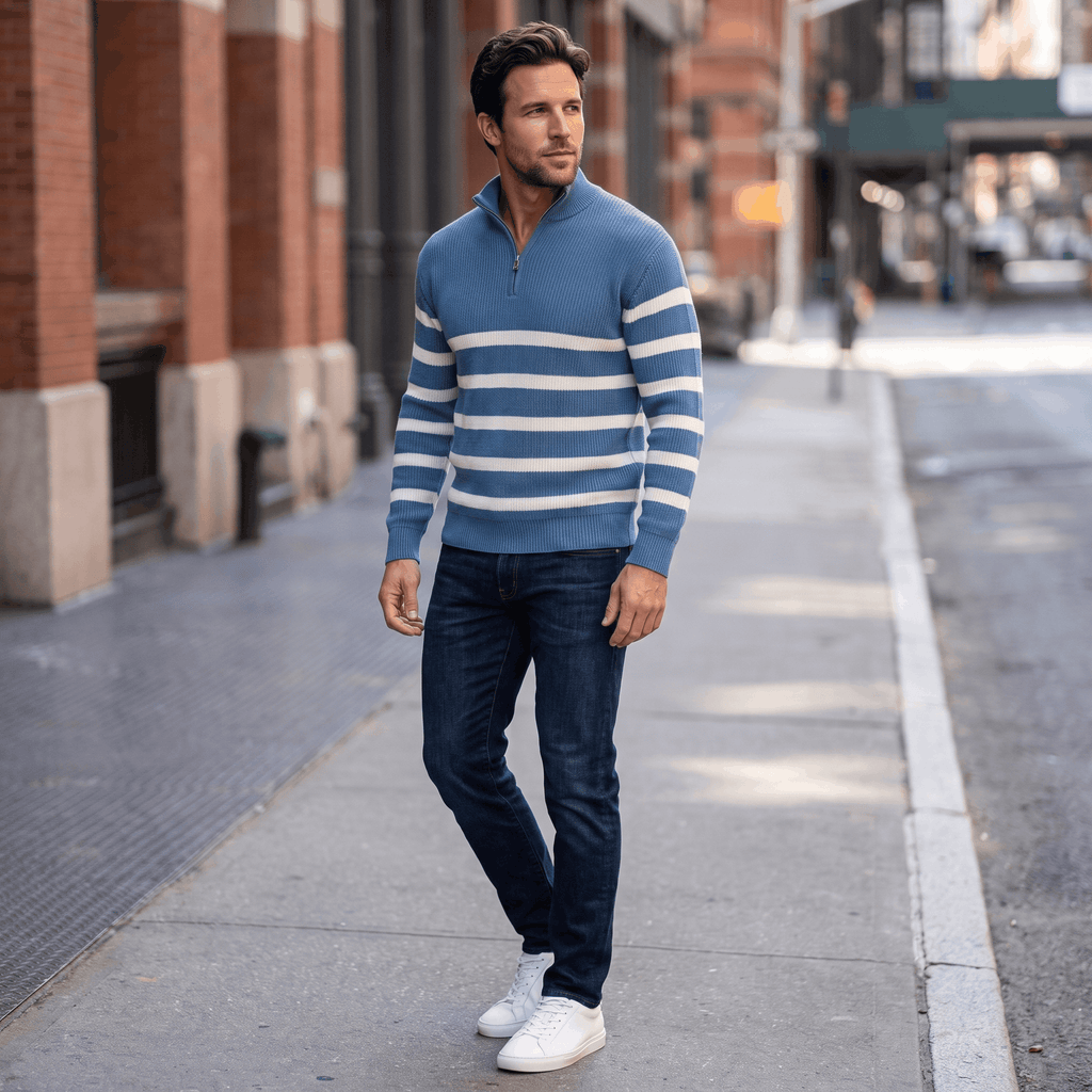 Cyrus Ribbed-Knit Half-Zip Sweater – Striped Stand-Collar Regular-Fit Pullover