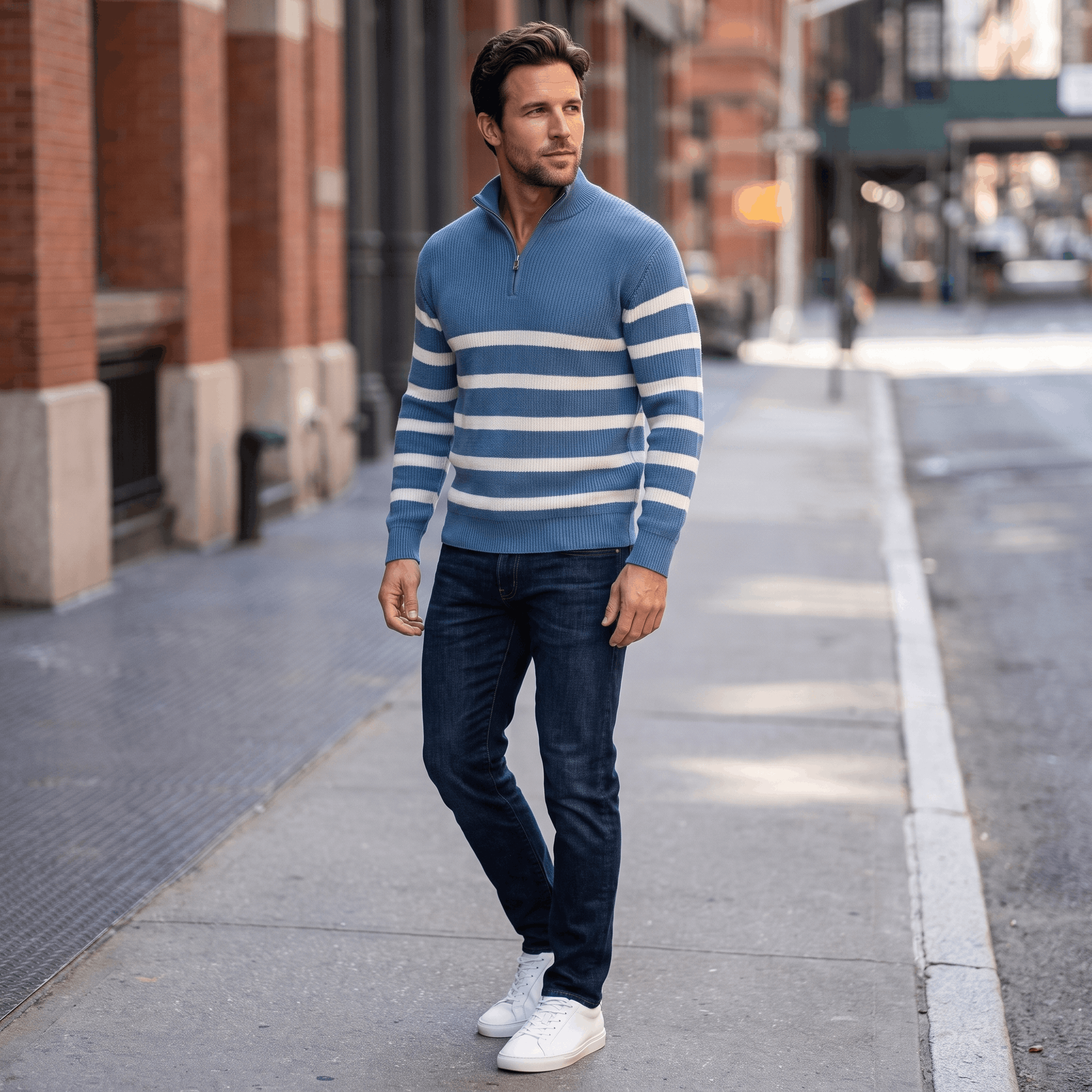 Cyrus Ribbed-Knit Half-Zip Sweater – Striped Stand-Collar Regular-Fit Pullover