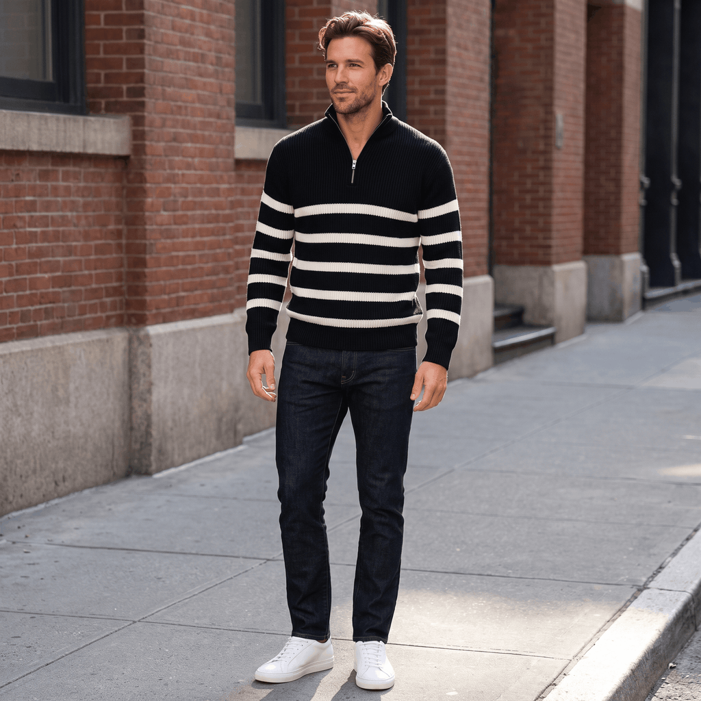 Cyrus Ribbed-Knit Half-Zip Sweater – Striped Stand-Collar Regular-Fit Pullover