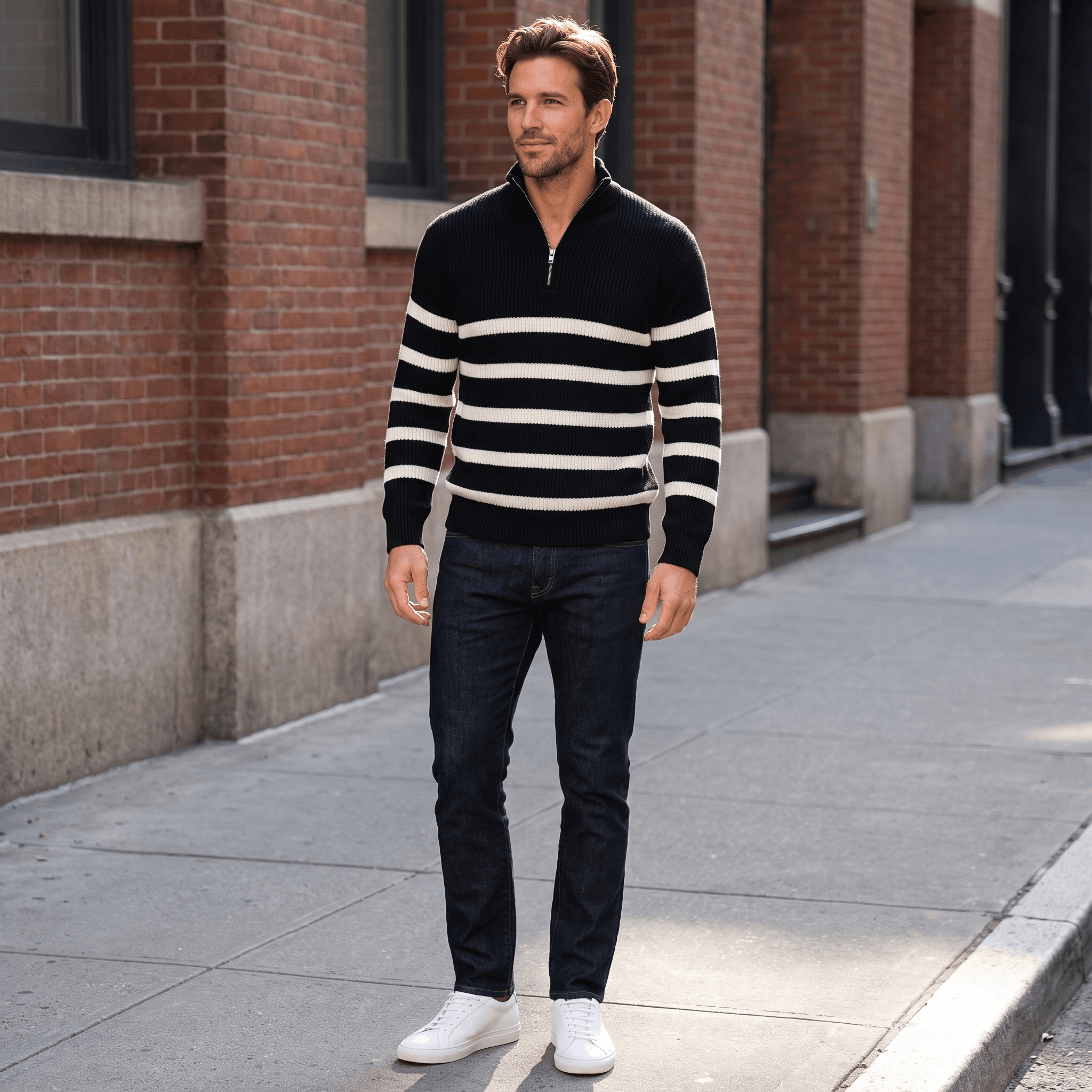 Cyrus Ribbed-Knit Half-Zip Sweater – Striped Stand-Collar Regular-Fit Pullover