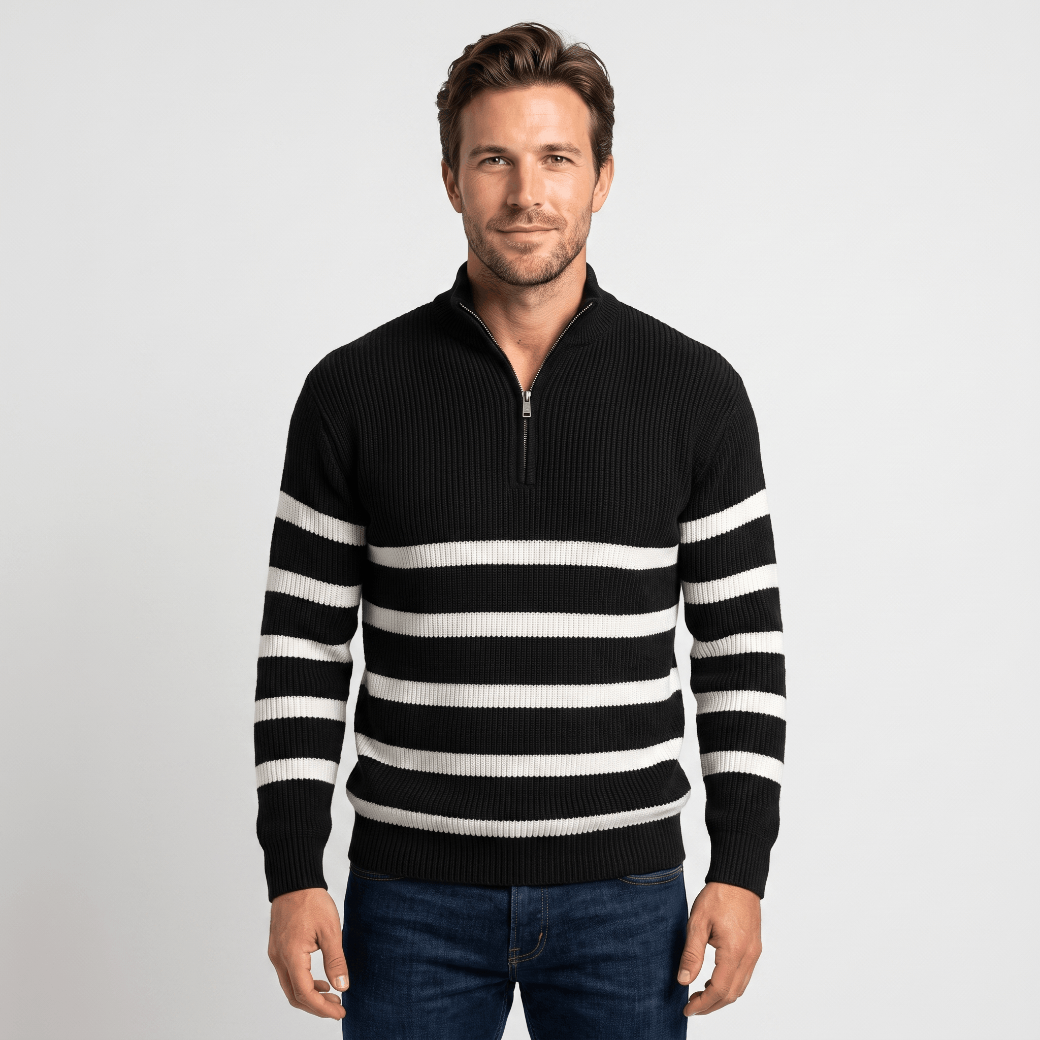Cyrus Ribbed-Knit Half-Zip Sweater – Striped Stand-Collar Regular-Fit Pullover