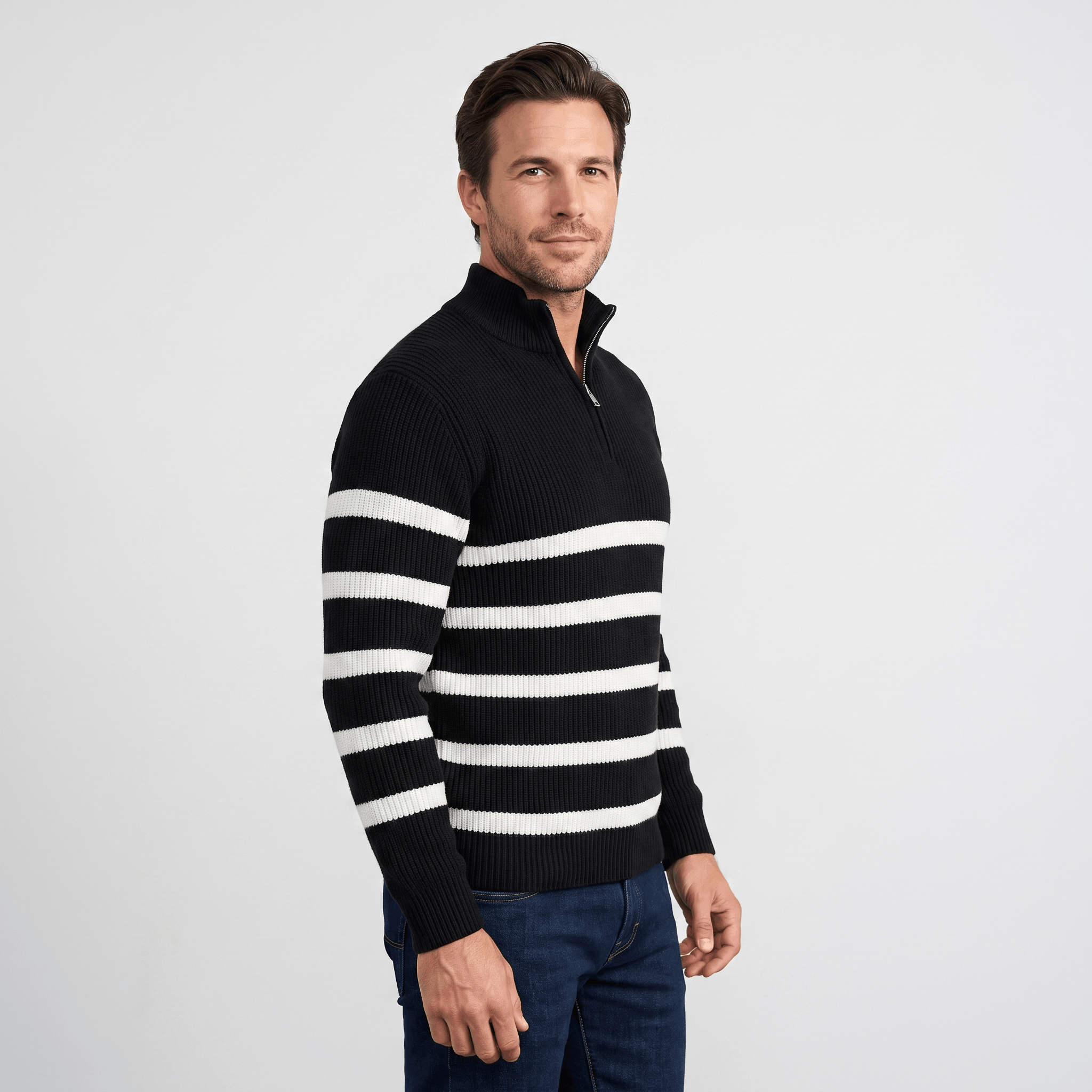 Cyrus Ribbed-Knit Half-Zip Sweater – Striped Stand-Collar Regular-Fit Pullover