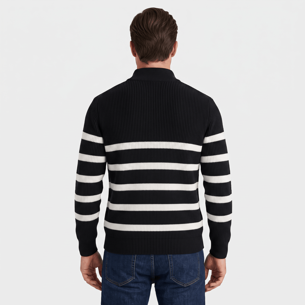 Cyrus Ribbed-Knit Half-Zip Sweater – Striped Stand-Collar Regular-Fit Pullover