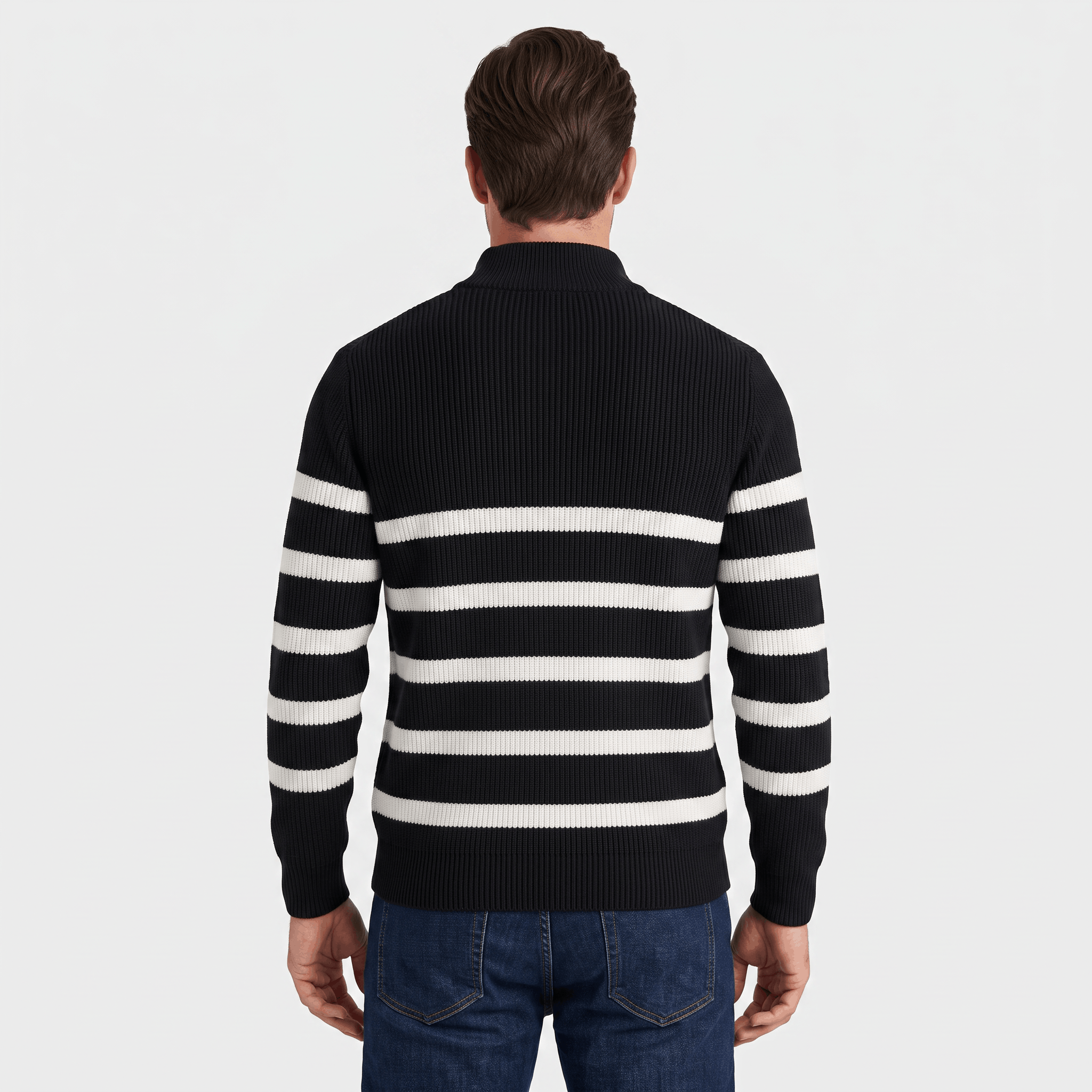 Cyrus Ribbed-Knit Half-Zip Sweater – Striped Stand-Collar Regular-Fit Pullover