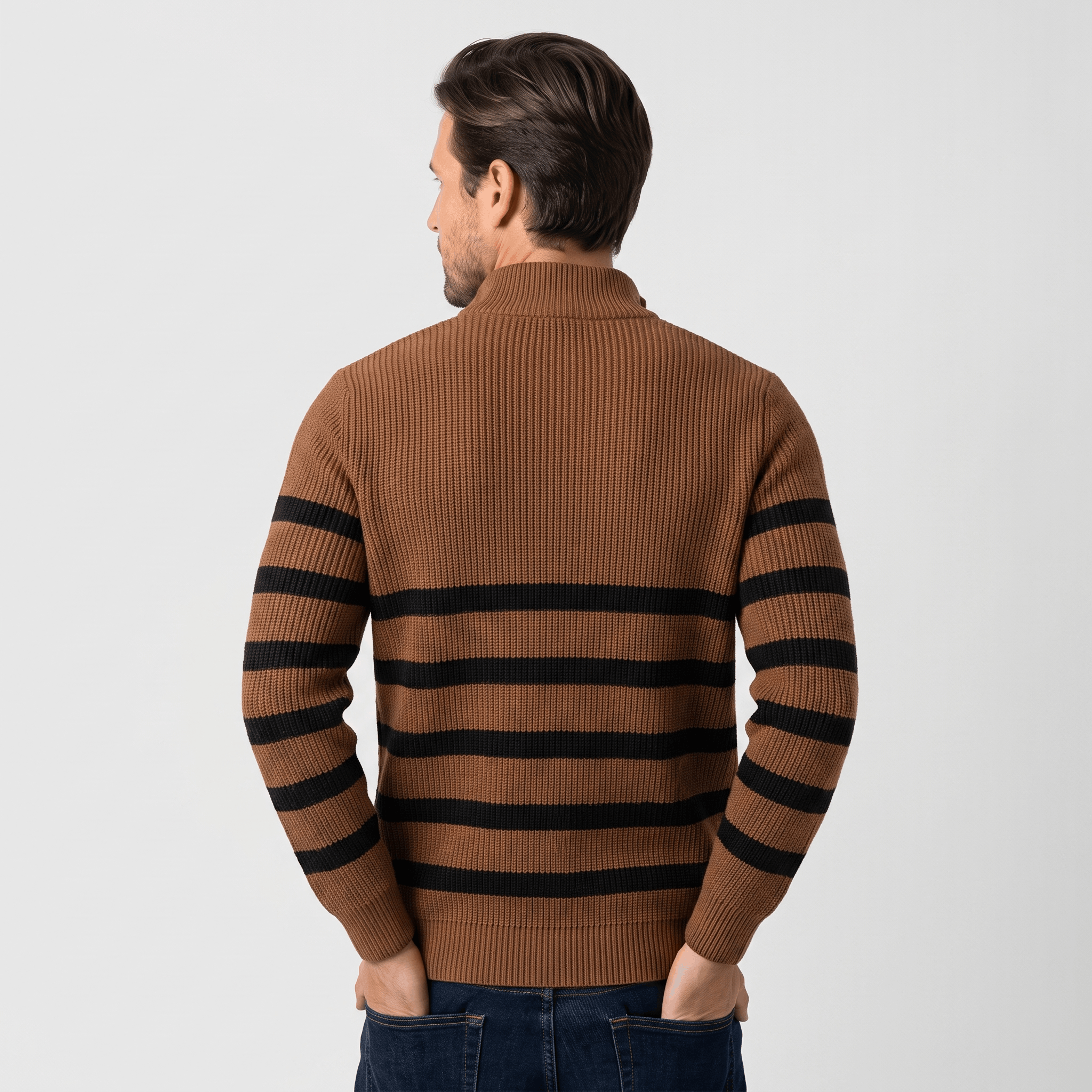Cyrus Ribbed-Knit Half-Zip Sweater – Striped Stand-Collar Regular-Fit Pullover