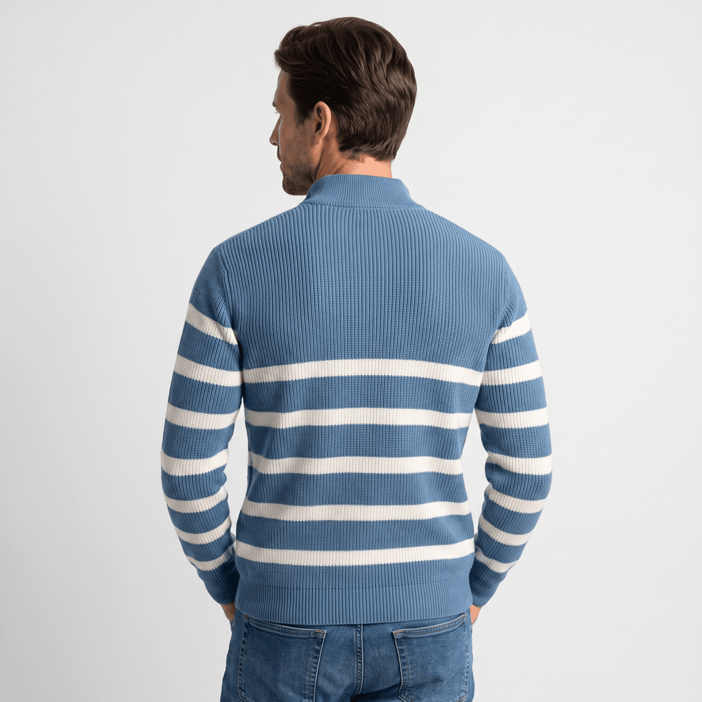 Cyrus Ribbed-Knit Half-Zip Sweater – Striped Stand-Collar Regular-Fit Pullover