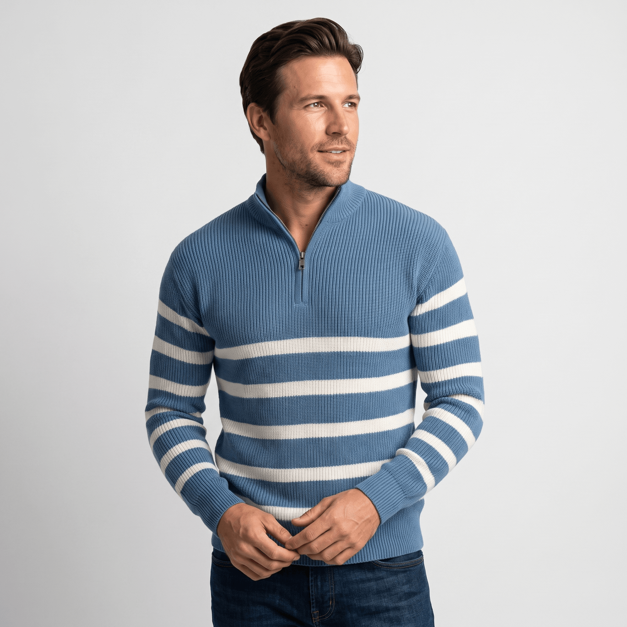 Cyrus Ribbed-Knit Half-Zip Sweater – Striped Stand-Collar Regular-Fit Pullover