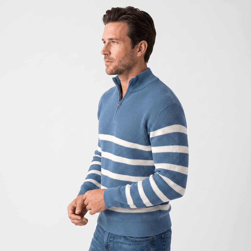 Cyrus Ribbed-Knit Half-Zip Sweater – Striped Stand-Collar Regular-Fit Pullover
