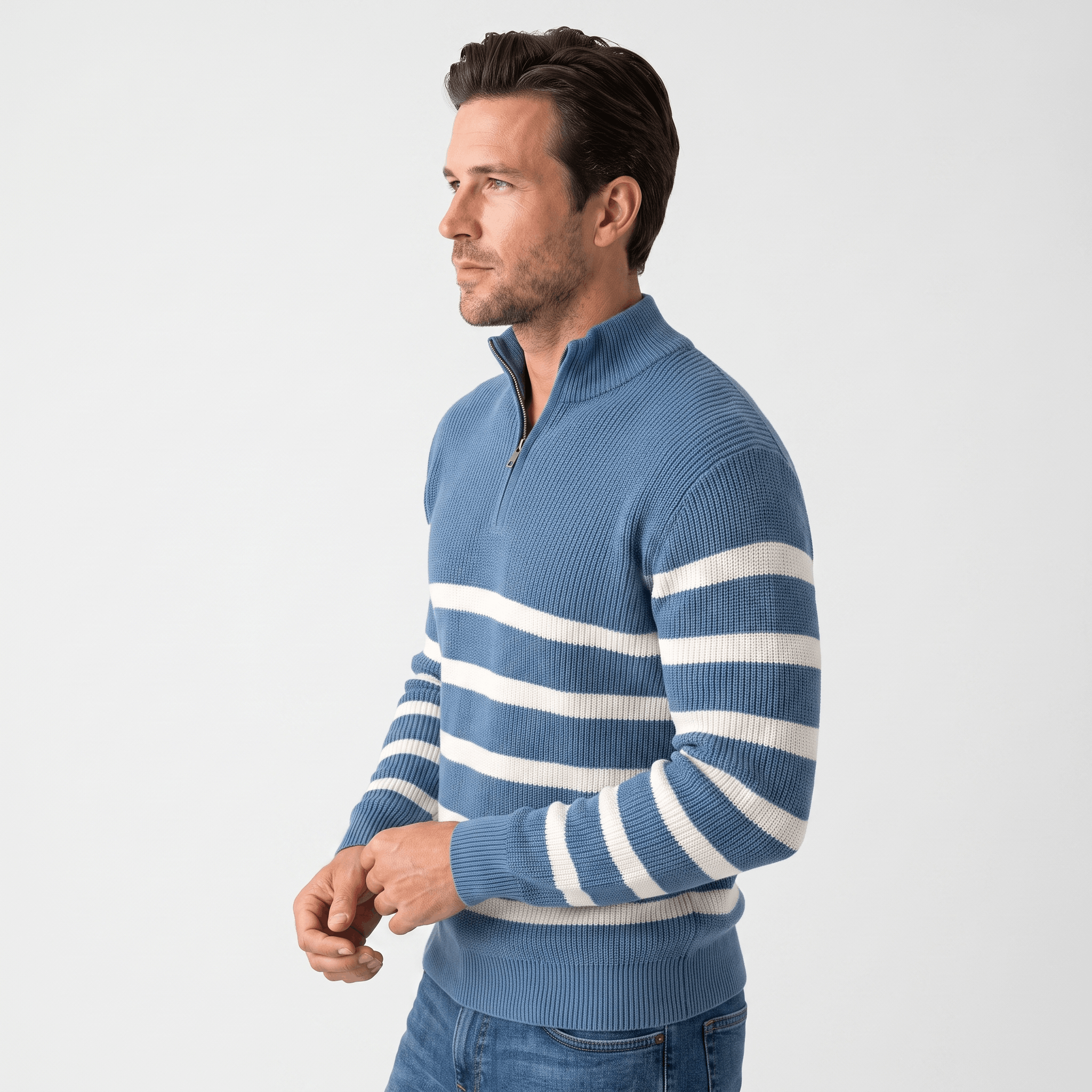 Cyrus Ribbed-Knit Half-Zip Sweater – Striped Stand-Collar Regular-Fit Pullover