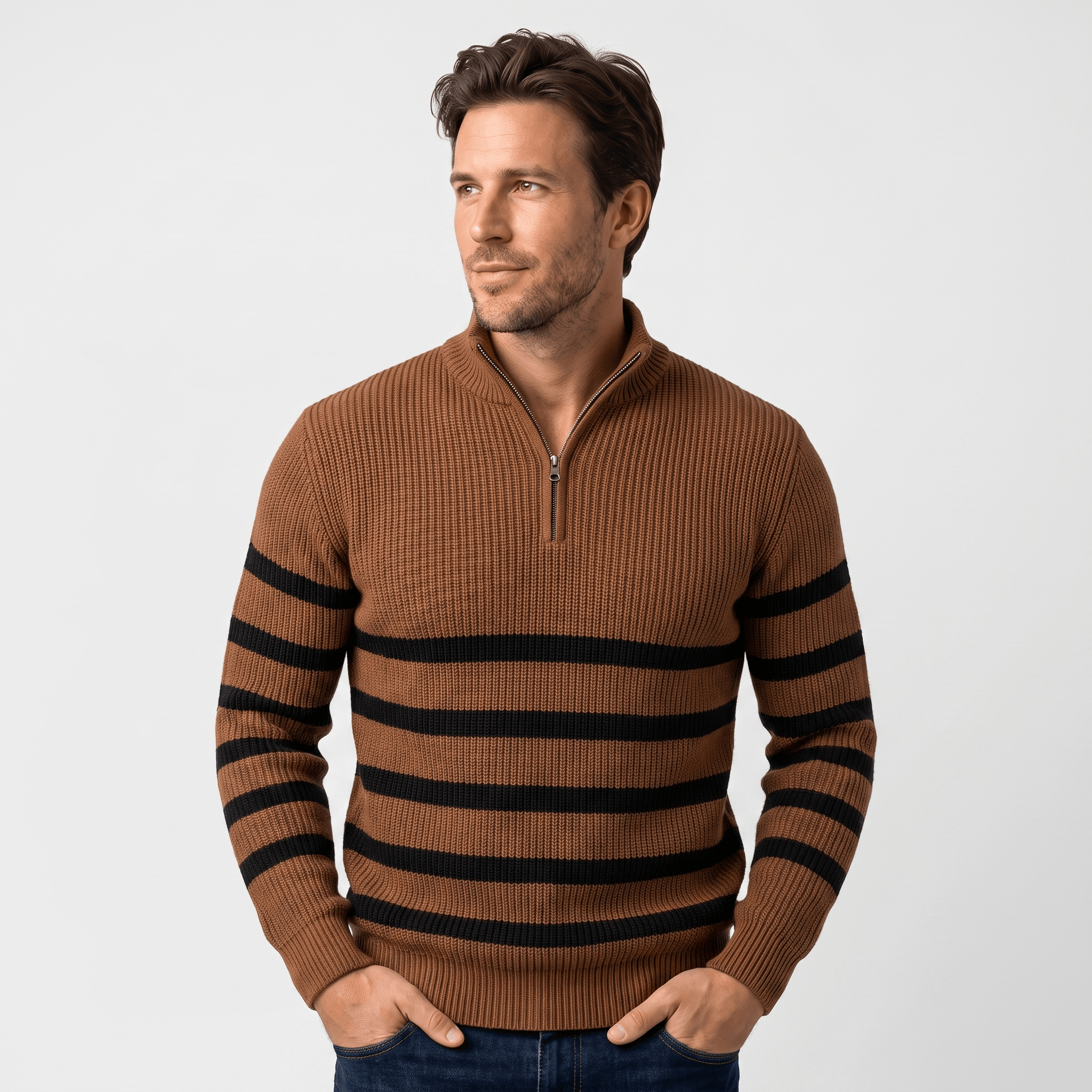 Cyrus Ribbed-Knit Half-Zip Sweater – Striped Stand-Collar Regular-Fit Pullover