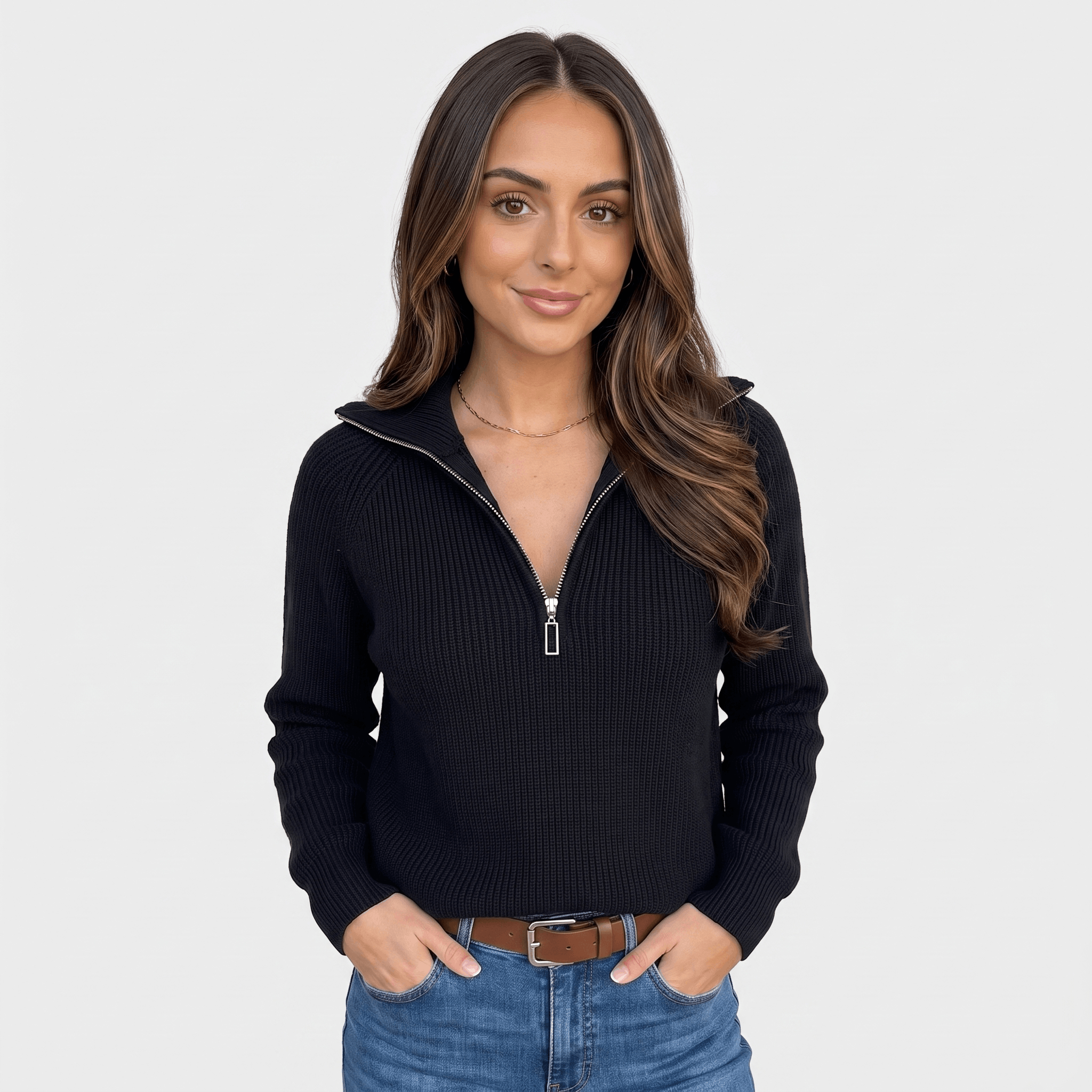 Aria Ribbed Knit Zip-Up Sweater – Fitted Relaxed Cozy Knitwear