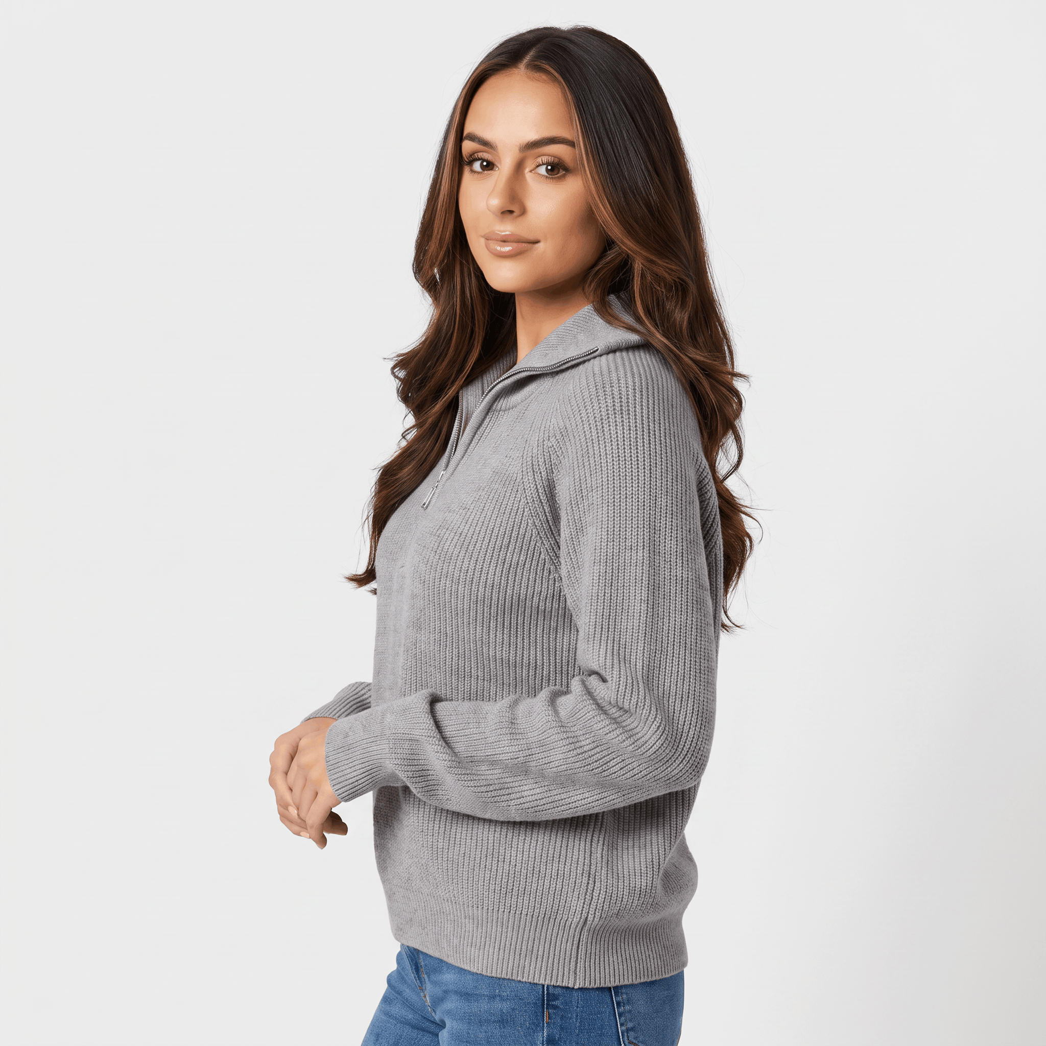 Aria Ribbed Knit Zip-Up Sweater – Fitted Relaxed Cozy Knitwear