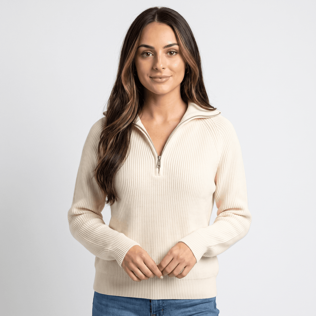 Aria Ribbed Knit Zip-Up Sweater – Fitted Relaxed Cozy Knitwear