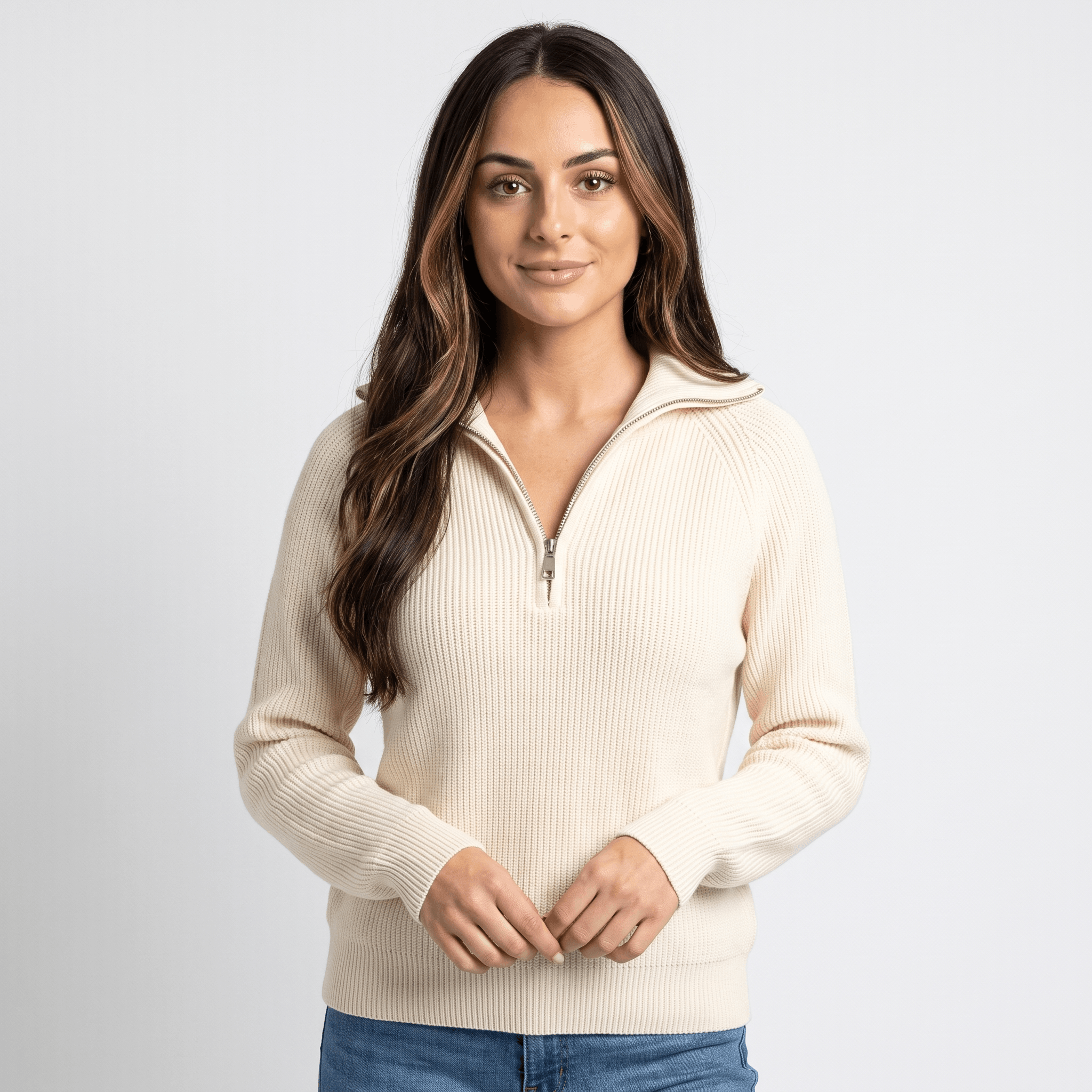 Aria Ribbed Knit Zip-Up Sweater – Fitted Relaxed Cozy Knitwear
